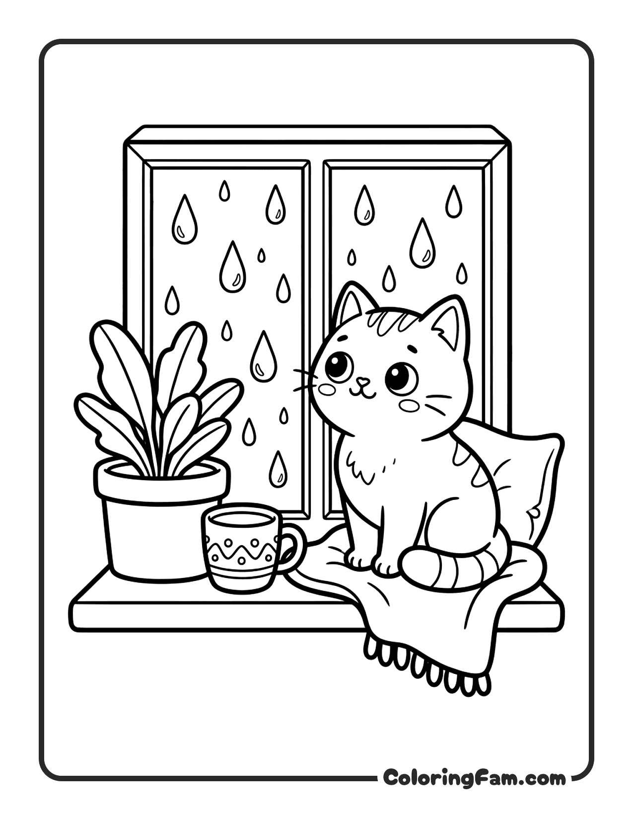 Cute Cat Sitting On A Windowsill Watching coloring page