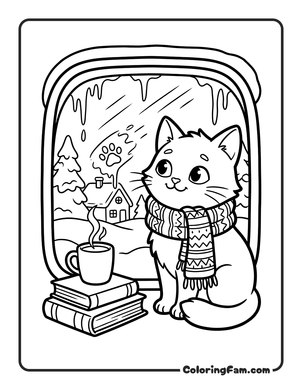 Kitten Wrapped In A Scarf Looking Out A Foggy coloring page