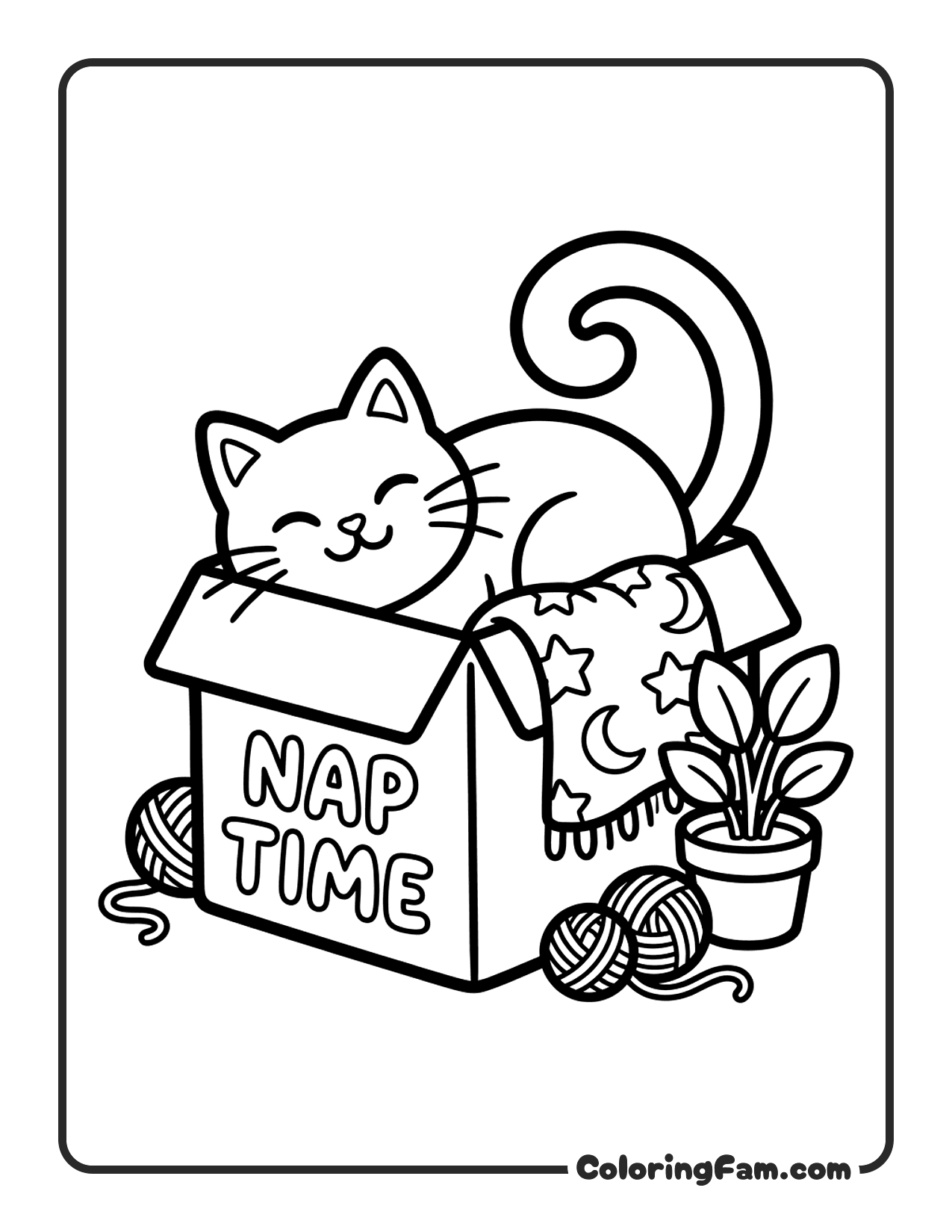 Cat Sleeping Inside A Cozy Cardboard Box coloring page