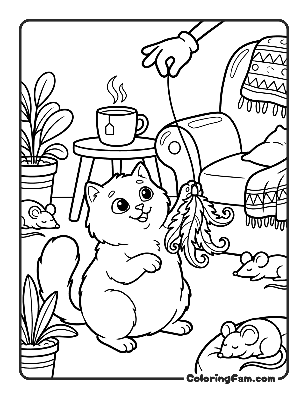 Fluffy Cat Playing With A Feather Toy coloring page