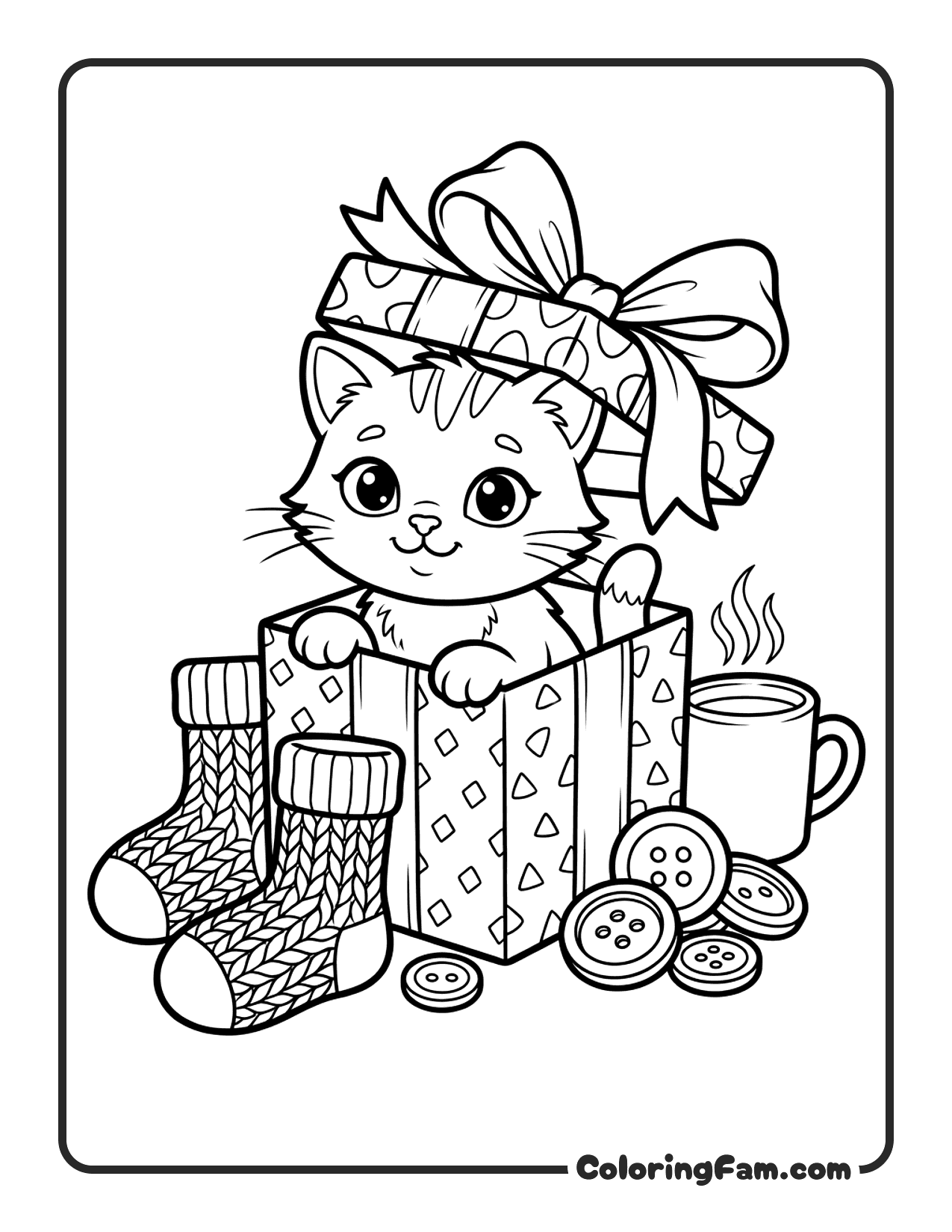 Kitten Peeking Out Of A Gift Box With A Ribbon On Top Cozy V1 coloring page