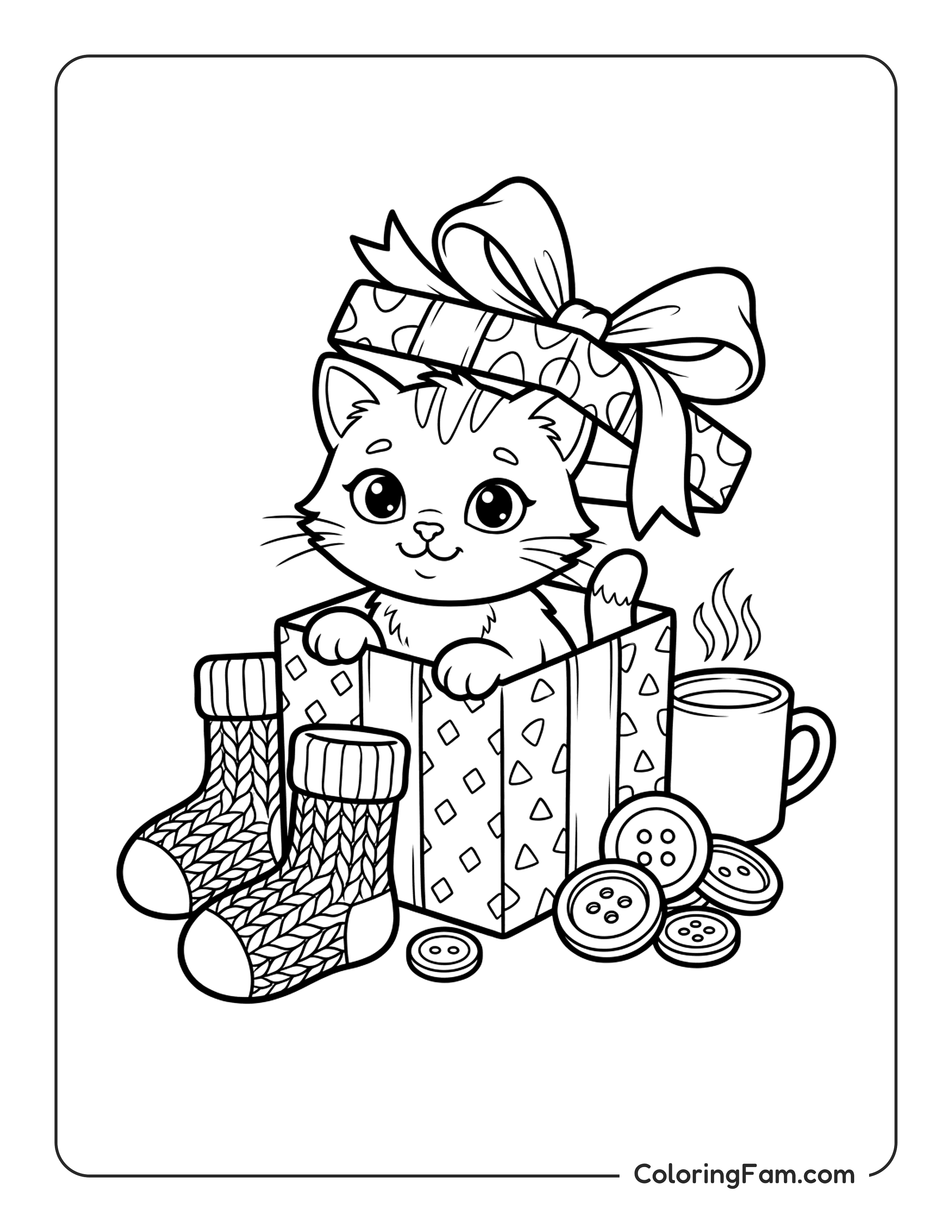 Kitten Peeking Out Of A Gift Box With A Ribbon On Top Cozy V1 coloring page