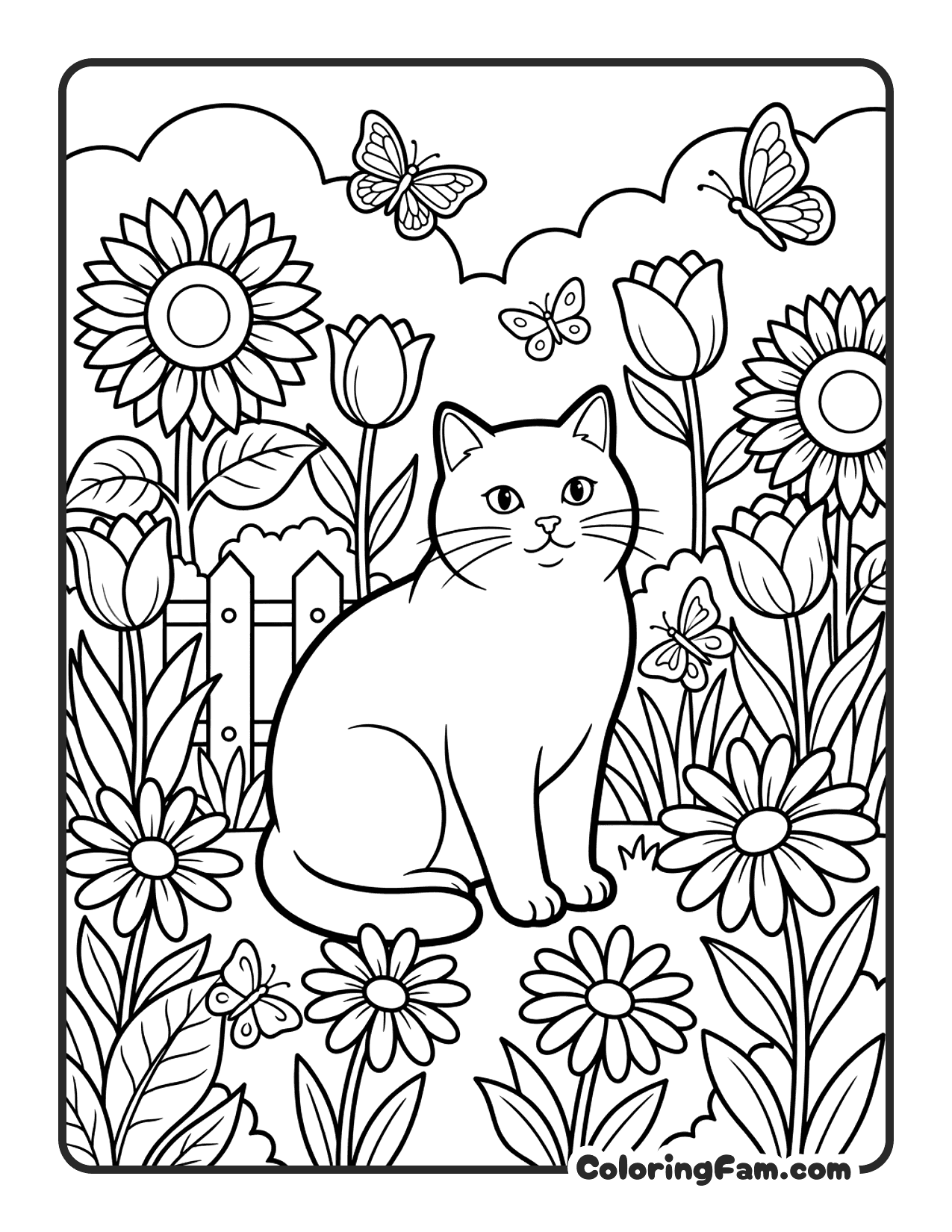 Cat Sitting In A Flower Garden coloring page