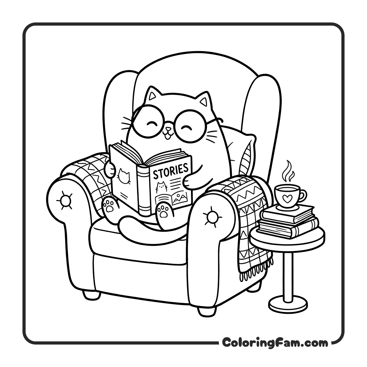 Cat With Glasses Curled Up On Armchair coloring page