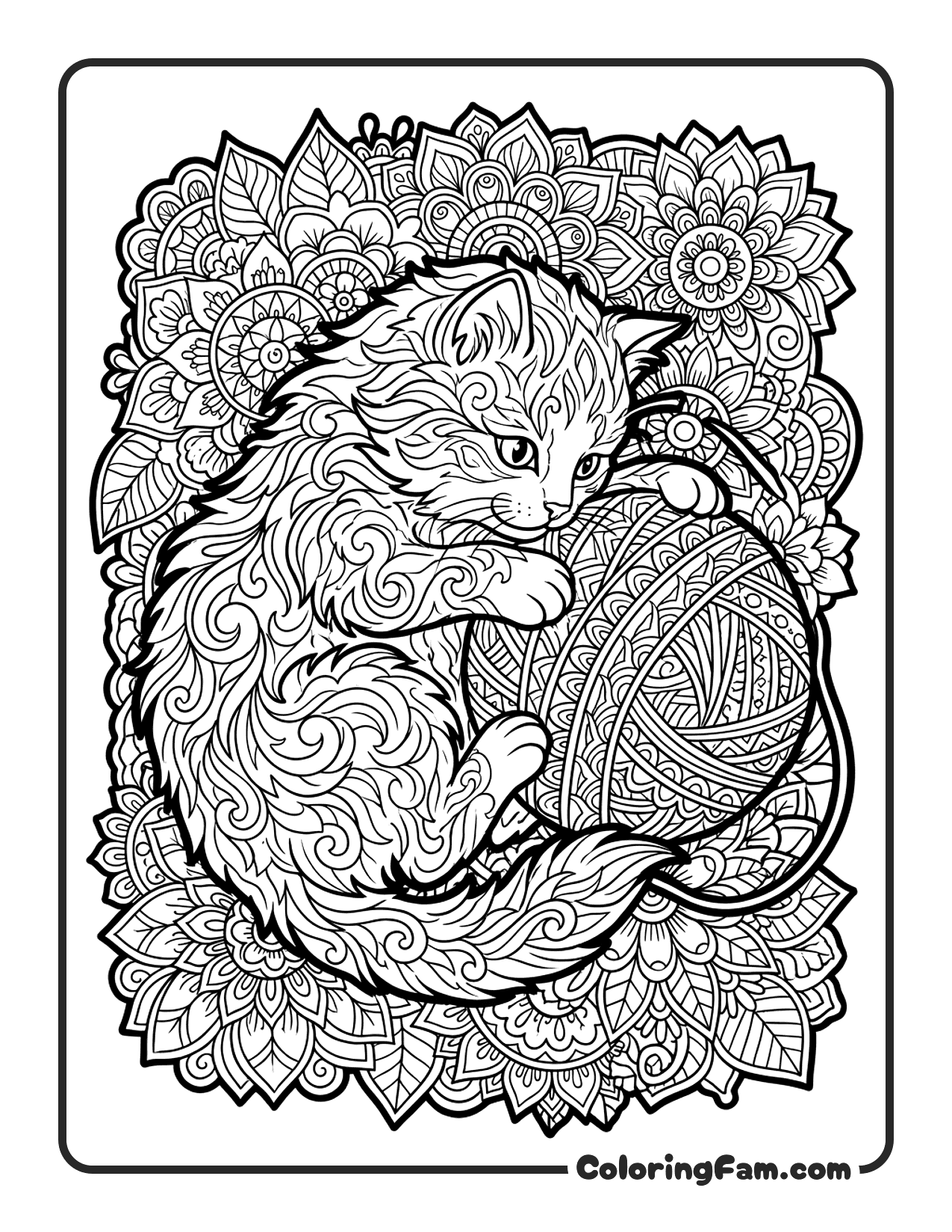 Fluffy Kitten Playing With A Ball Of Yarn coloring page
