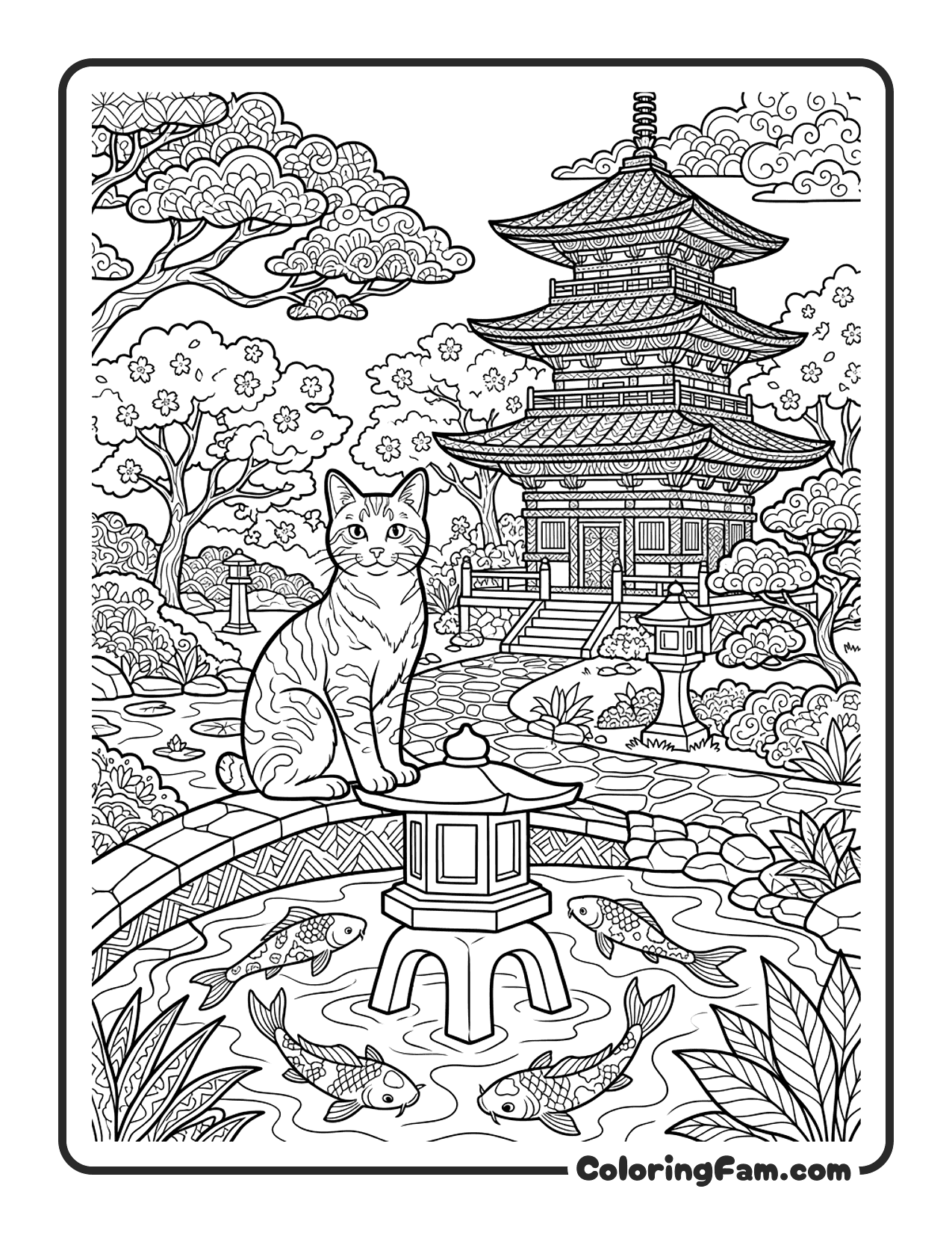 Cat In A Detailed Japanese Garden With Pagoda coloring page