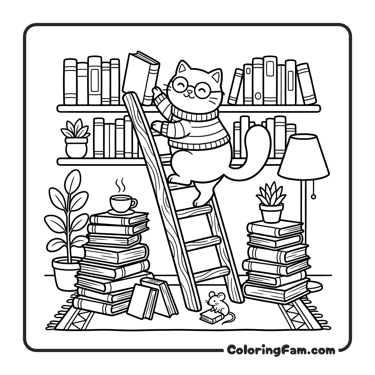 Cat With Glasses Climbing Library Ladder coloring page