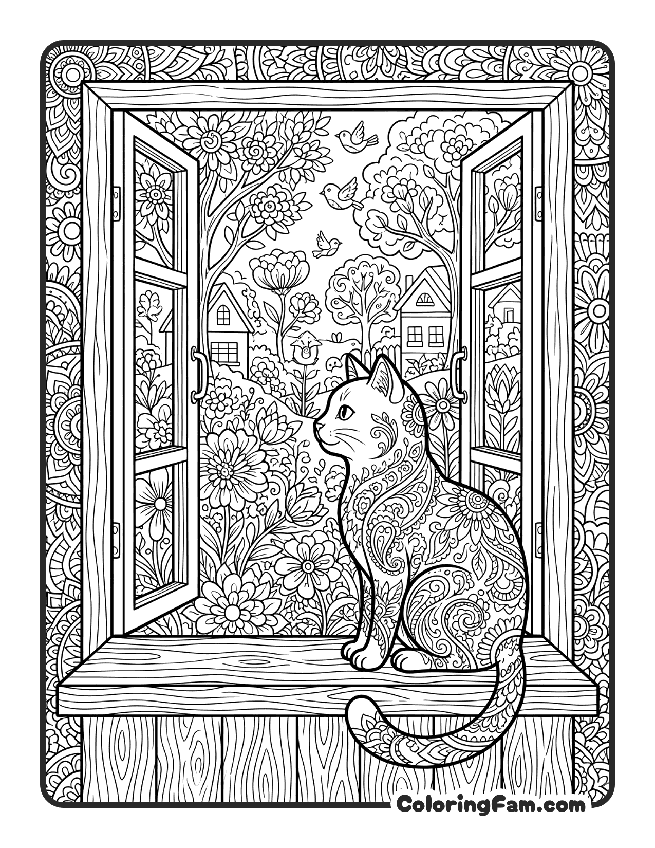 Cute Cat Sitting On A Windowsill coloring page