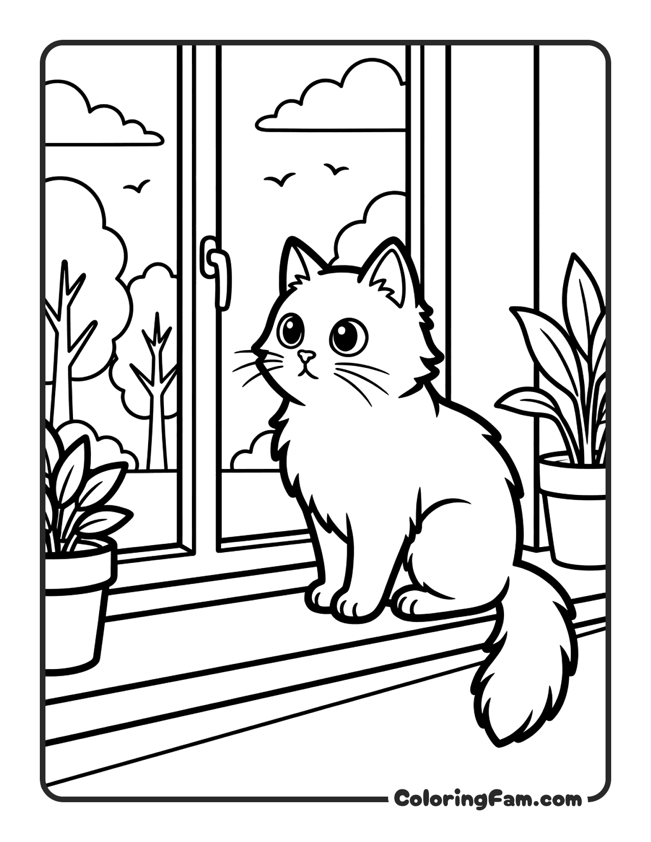 Cute Cat Sitting On A Windowsill coloring page