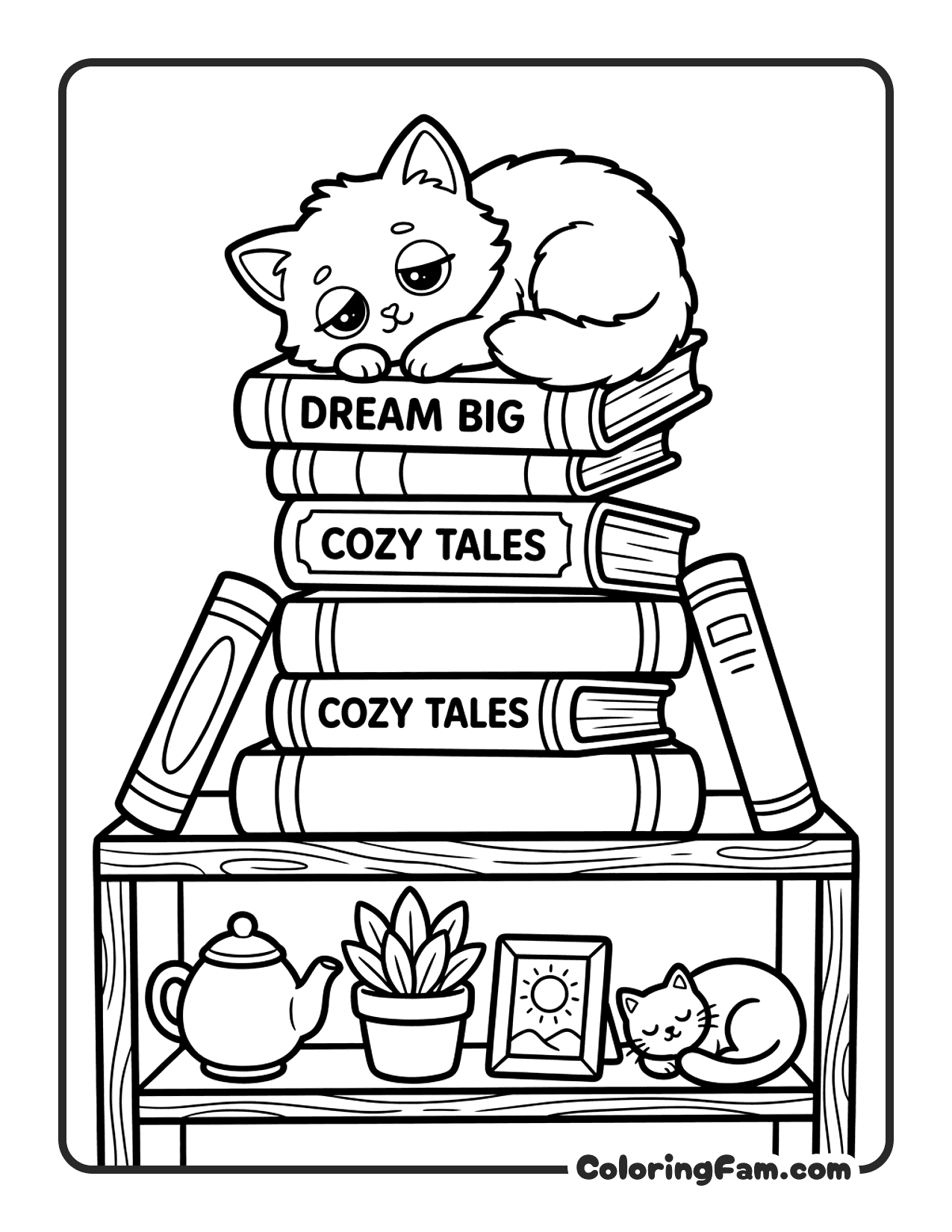 Fluffy Kitten Sleeping On Top Of A Tall Stack coloring page