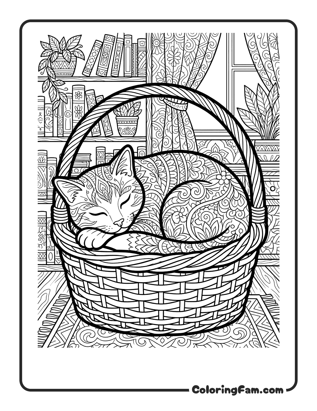 Cat Curled Up Sleeping In A Cozy Basket coloring page