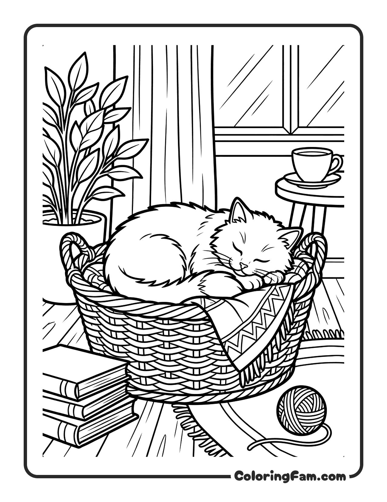 Cat Curled Up Sleeping In A Cozy Basket coloring page