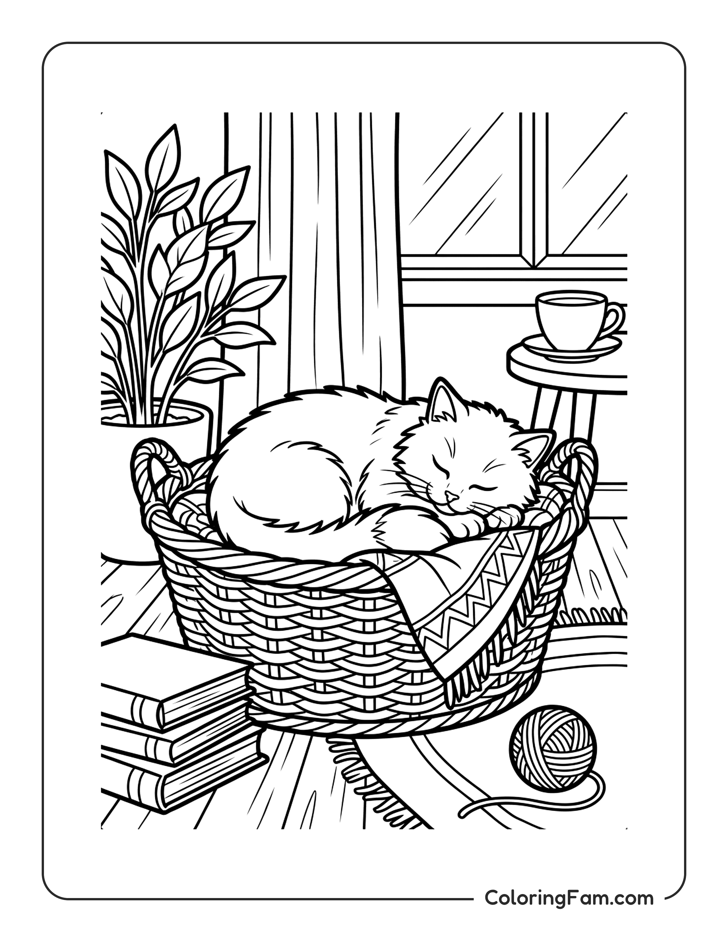 Cat Curled Up Sleeping In A Cozy Basket coloring page