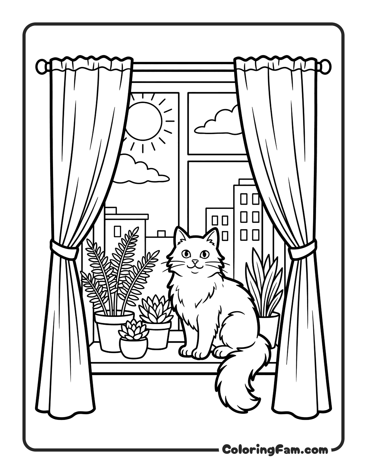 Cat On A Windowsill With Curtains And Potted coloring page