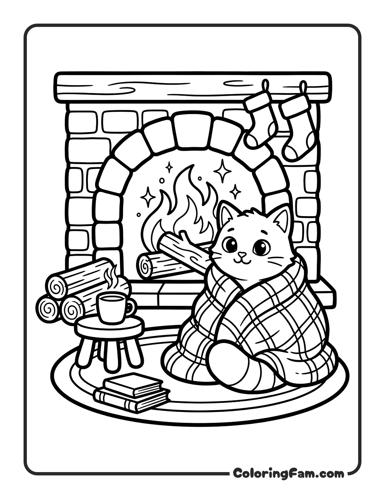 Cat Wrapped In A Soft Blanket Near A Brick coloring page