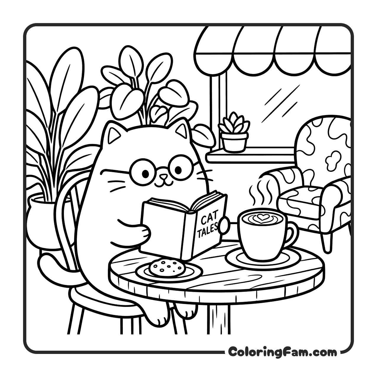 Cat With Glasses At Cozy Cafe coloring page