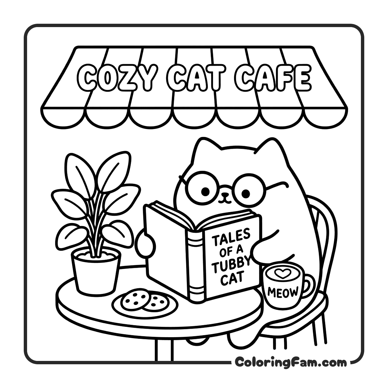 Round Chubby Blob Cat With Round Glasses coloring page