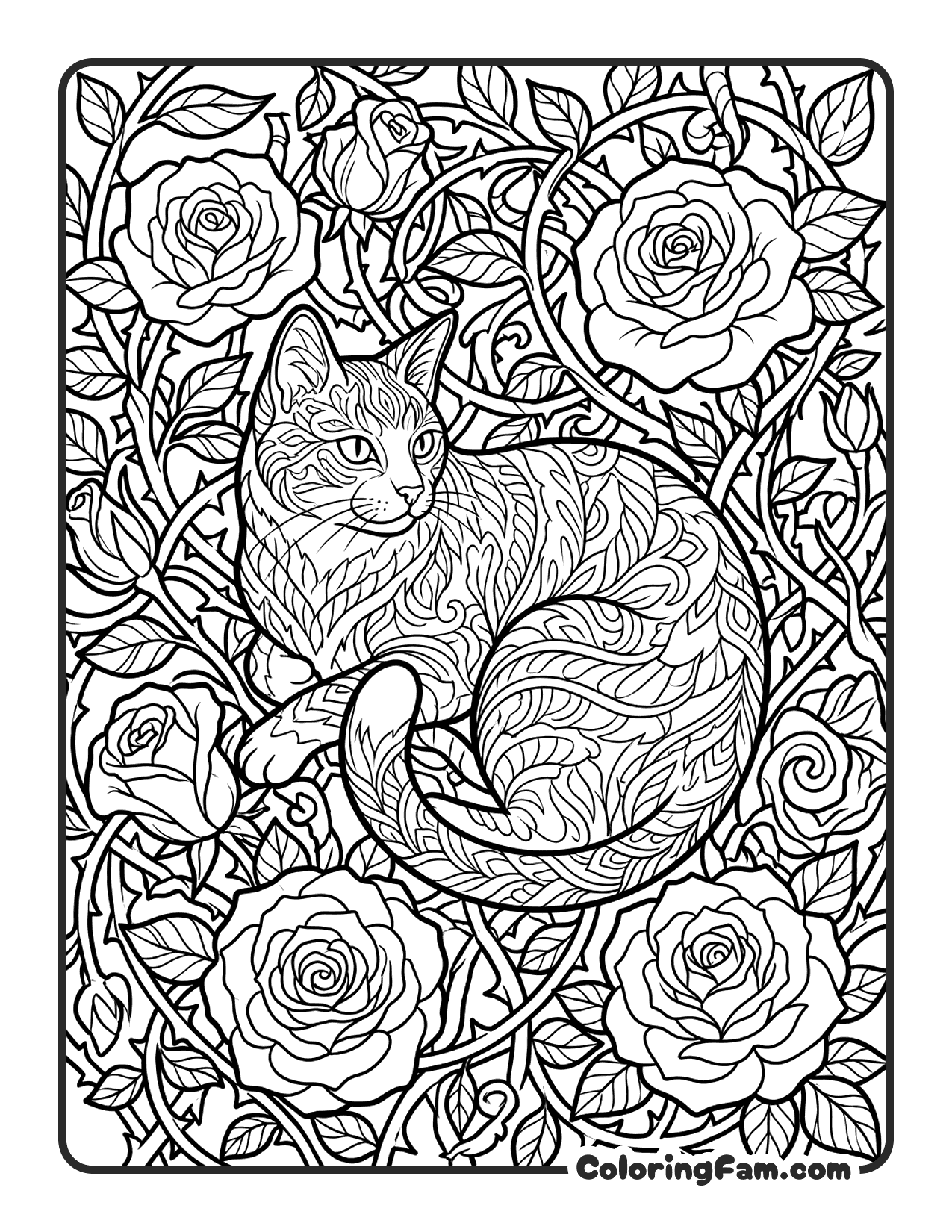 Cat Among Intricate Rose Vines And Thorns coloring page