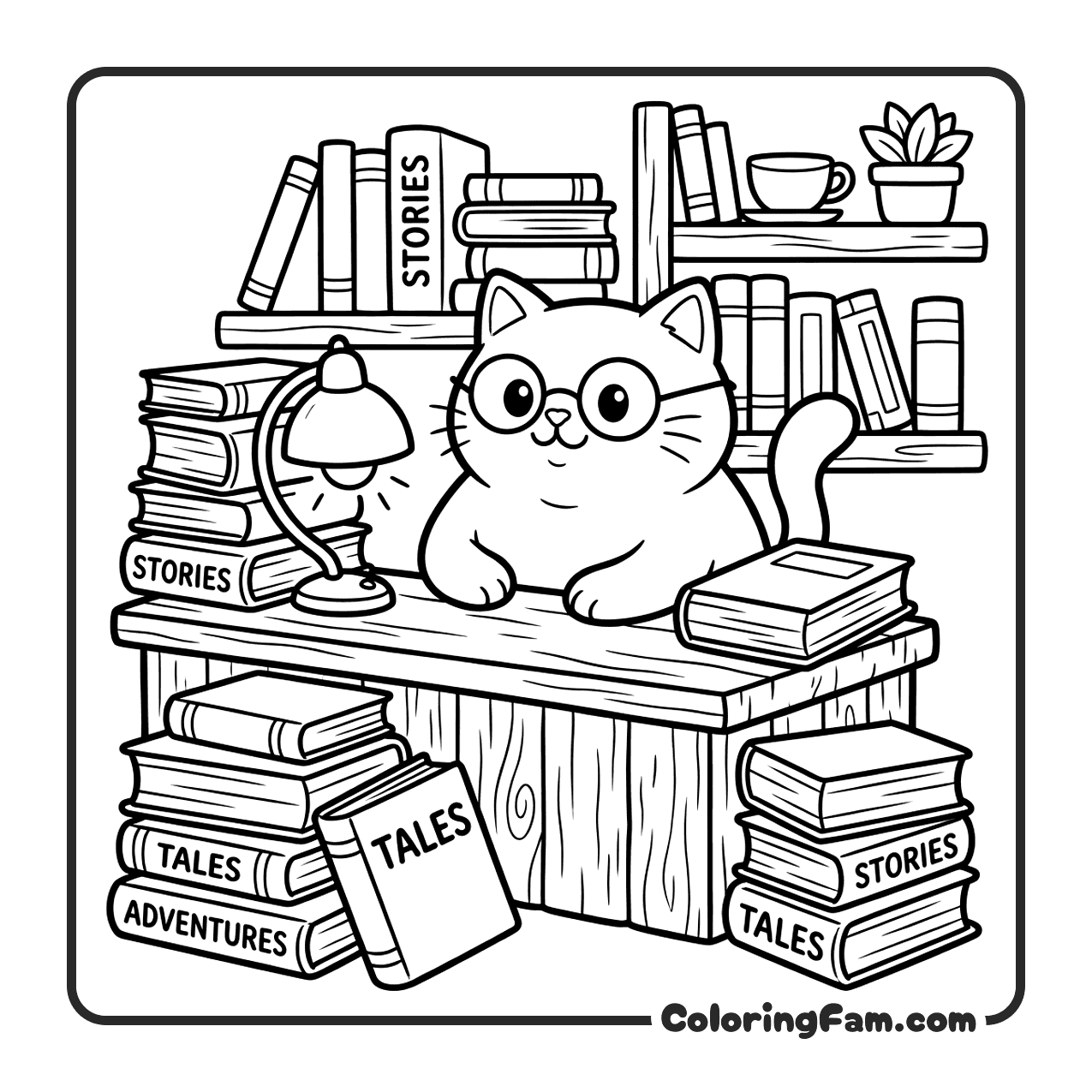 Cat With Glasses Behind Book Stand coloring page