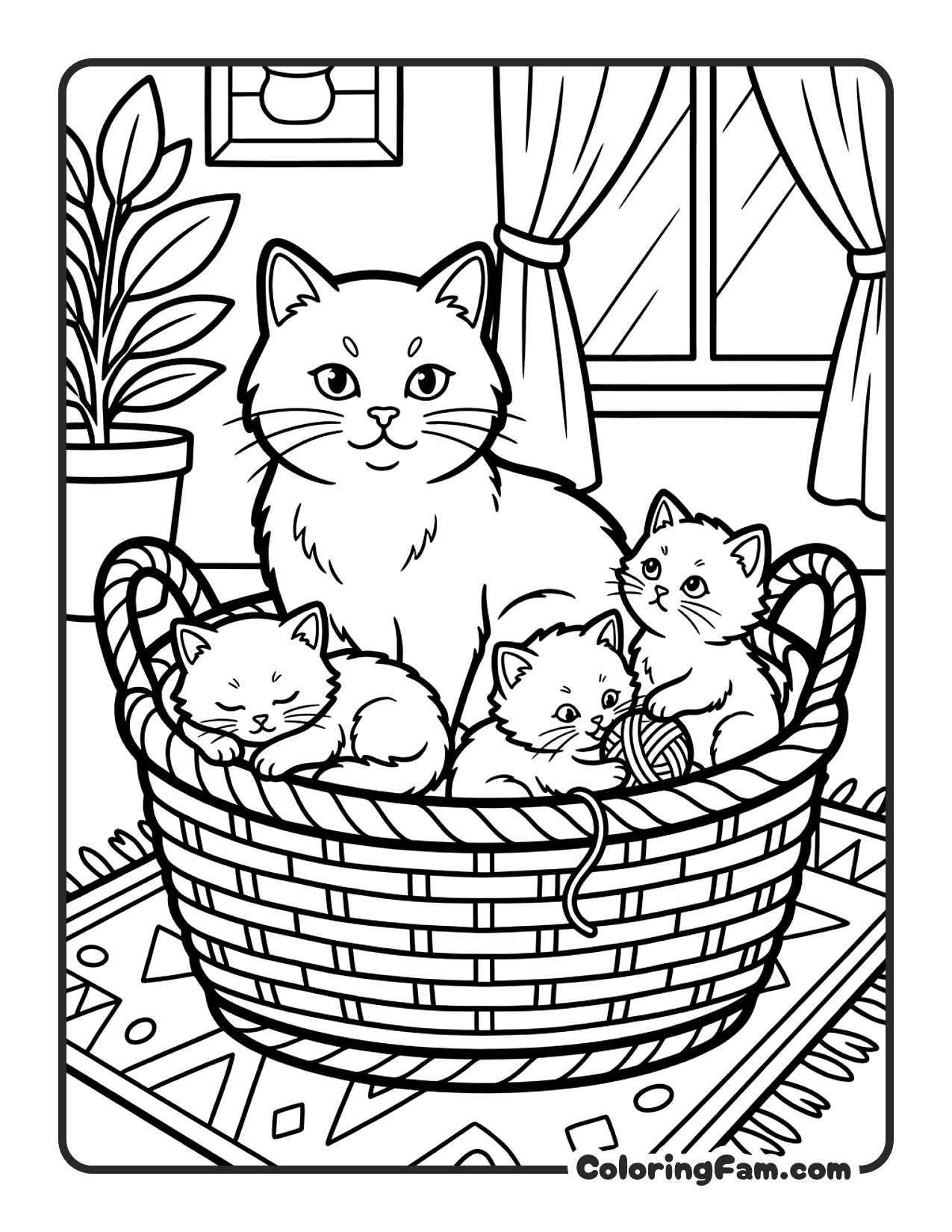 Mother Cat With Three Kittens In A Basket coloring page