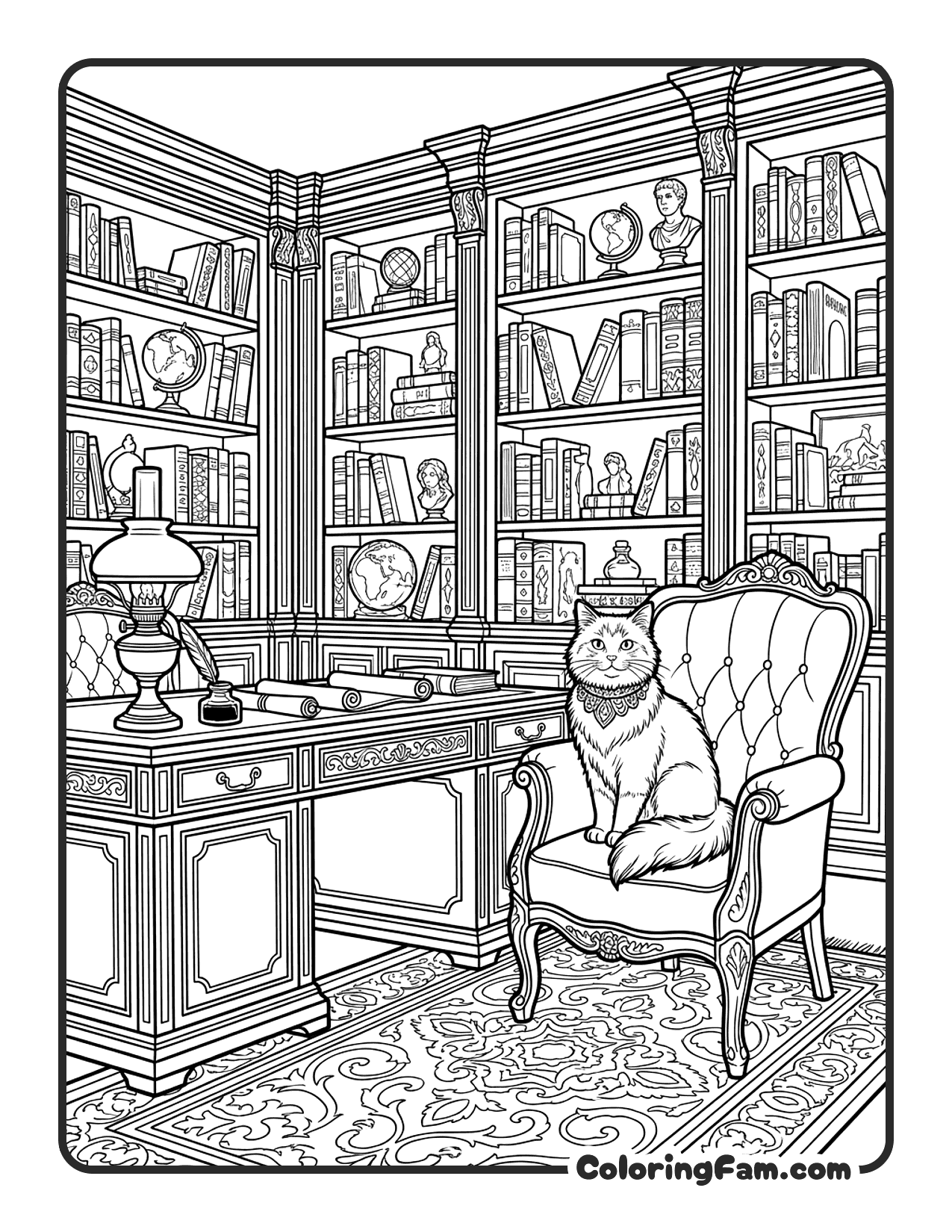 Cat In A Victorian Library With Detailed coloring page