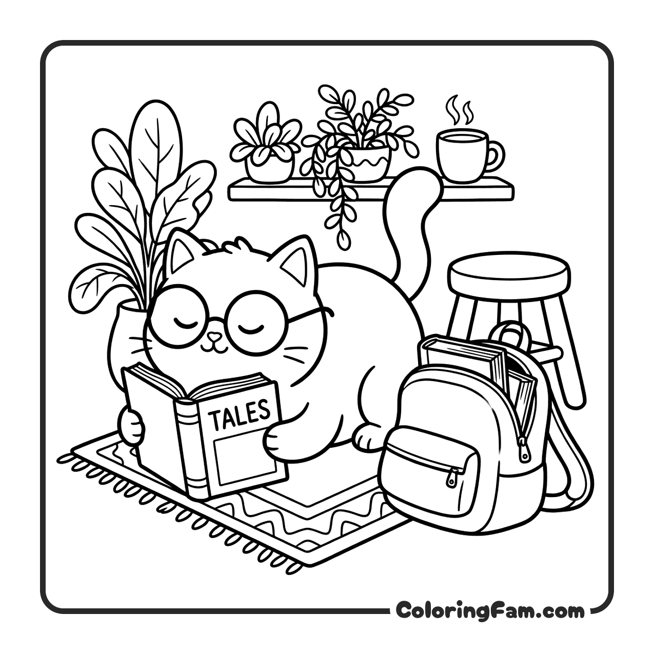 Cat With Glasses Lying On Open Book coloring page