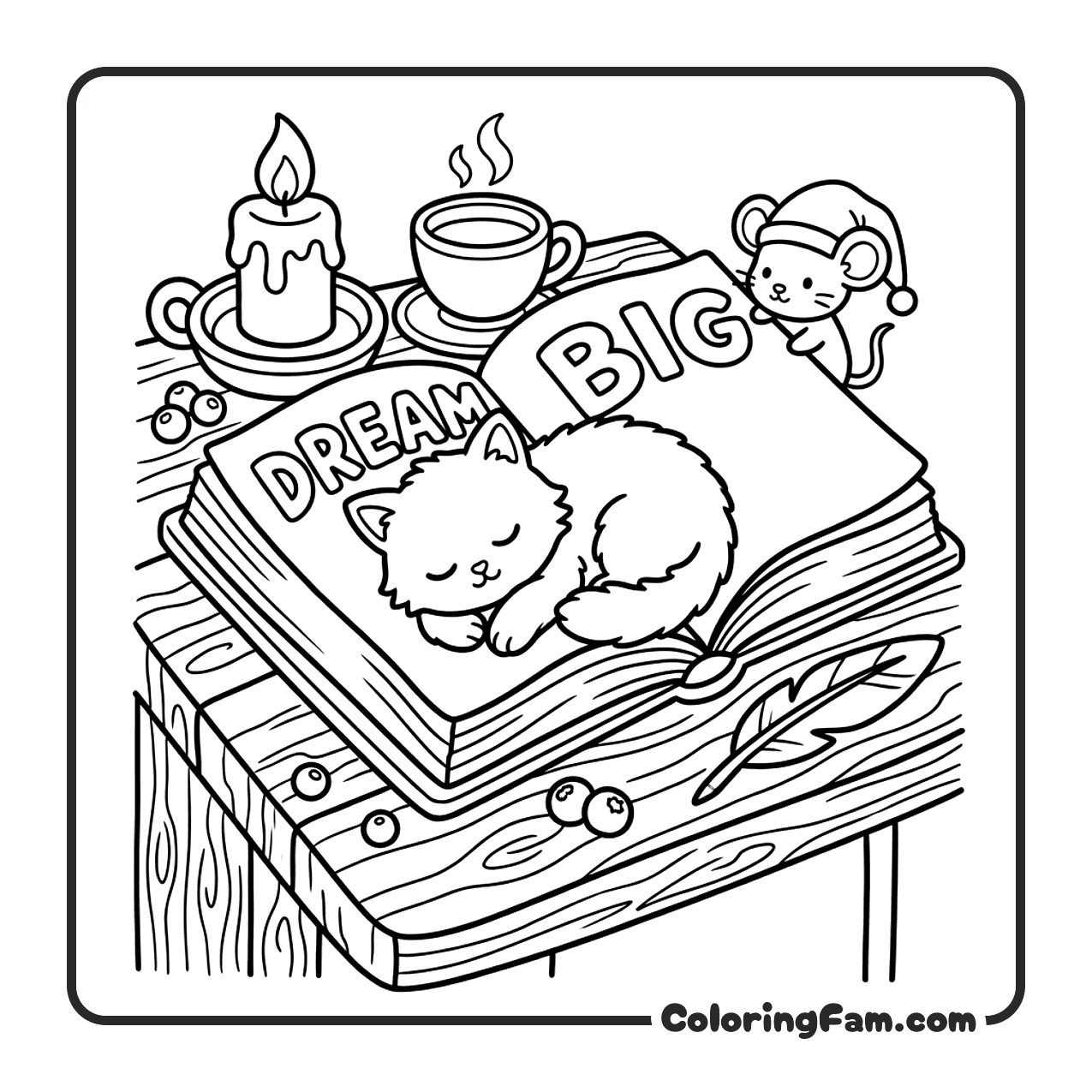 Kitten Napping Inside An Open Book coloring page