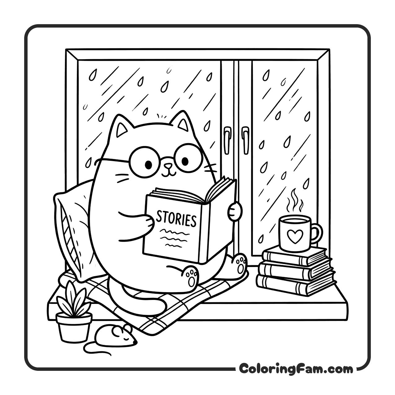 Round Chubby Blob Cat With Round Glasses coloring page