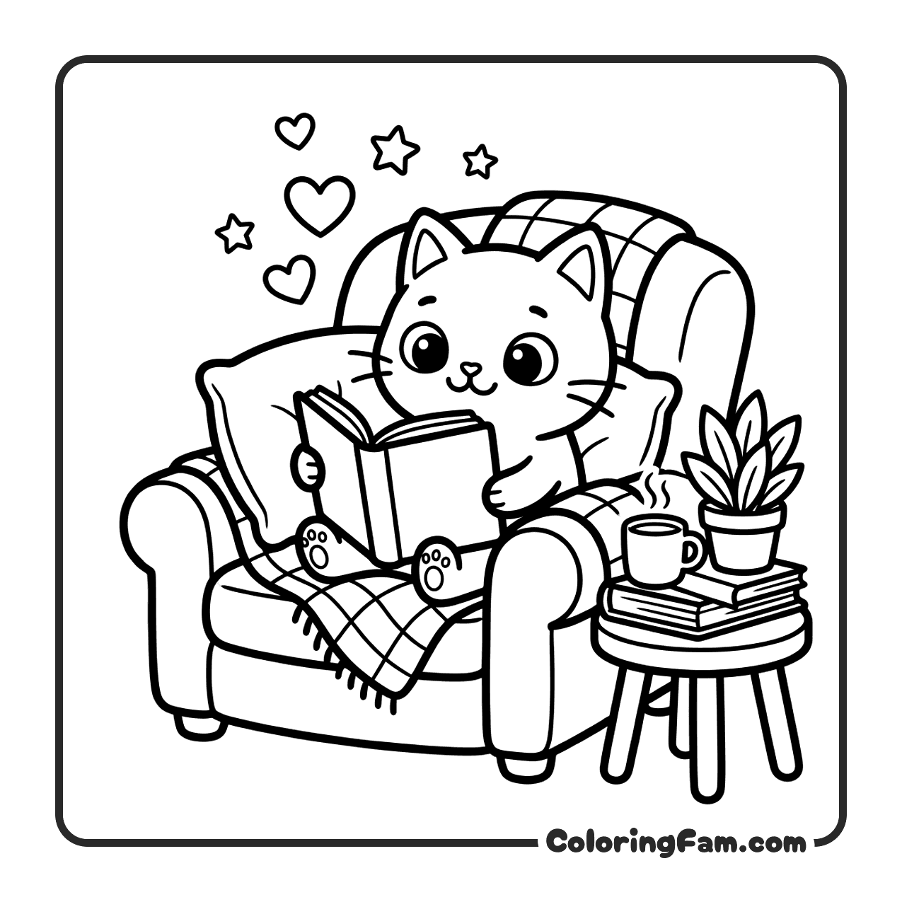 Cozy Cat Reading On Armchair coloring page