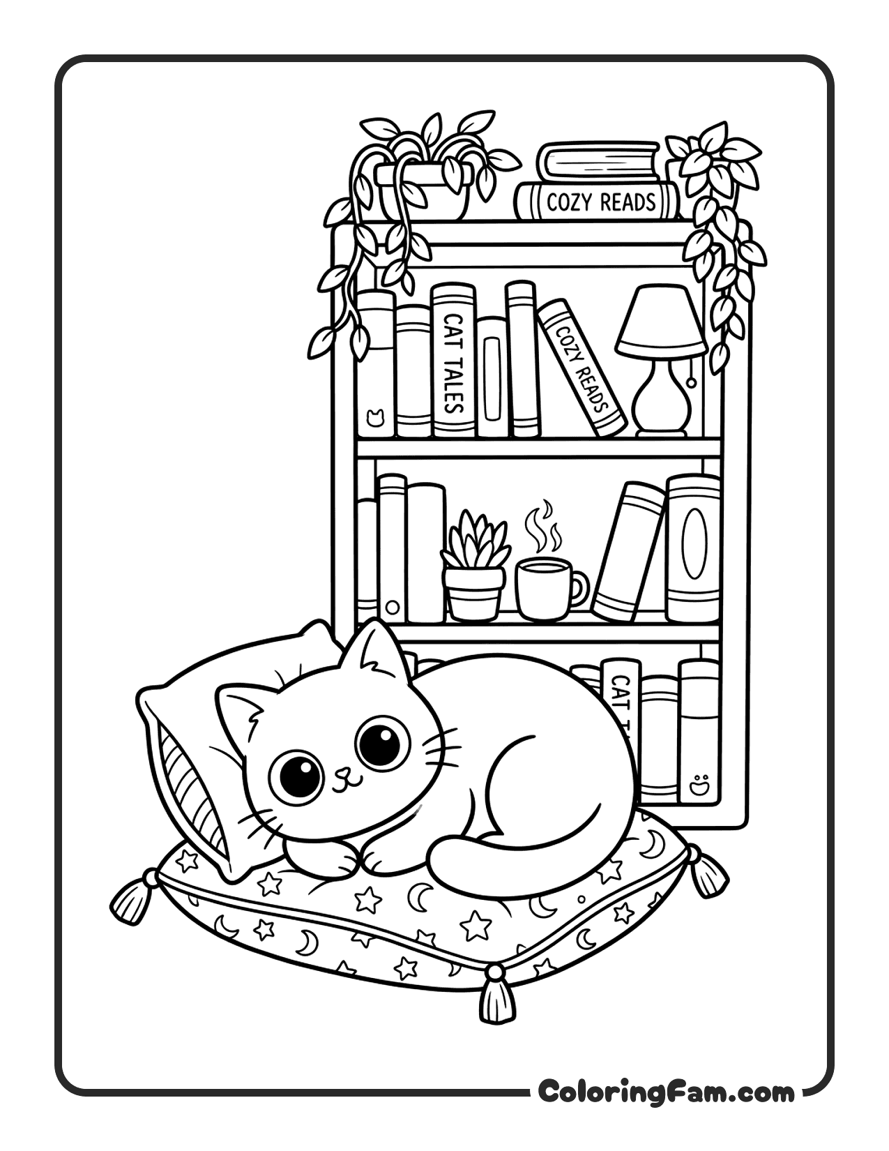 Cat Resting On A Cushion Next To A Bookshelf coloring page
