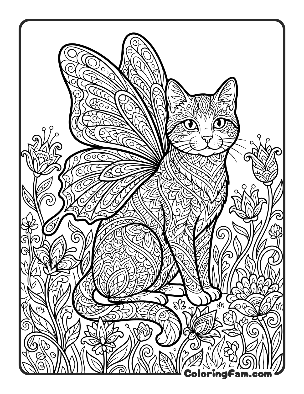 Cat With Butterfly Wings In A Fantasy Flower coloring page