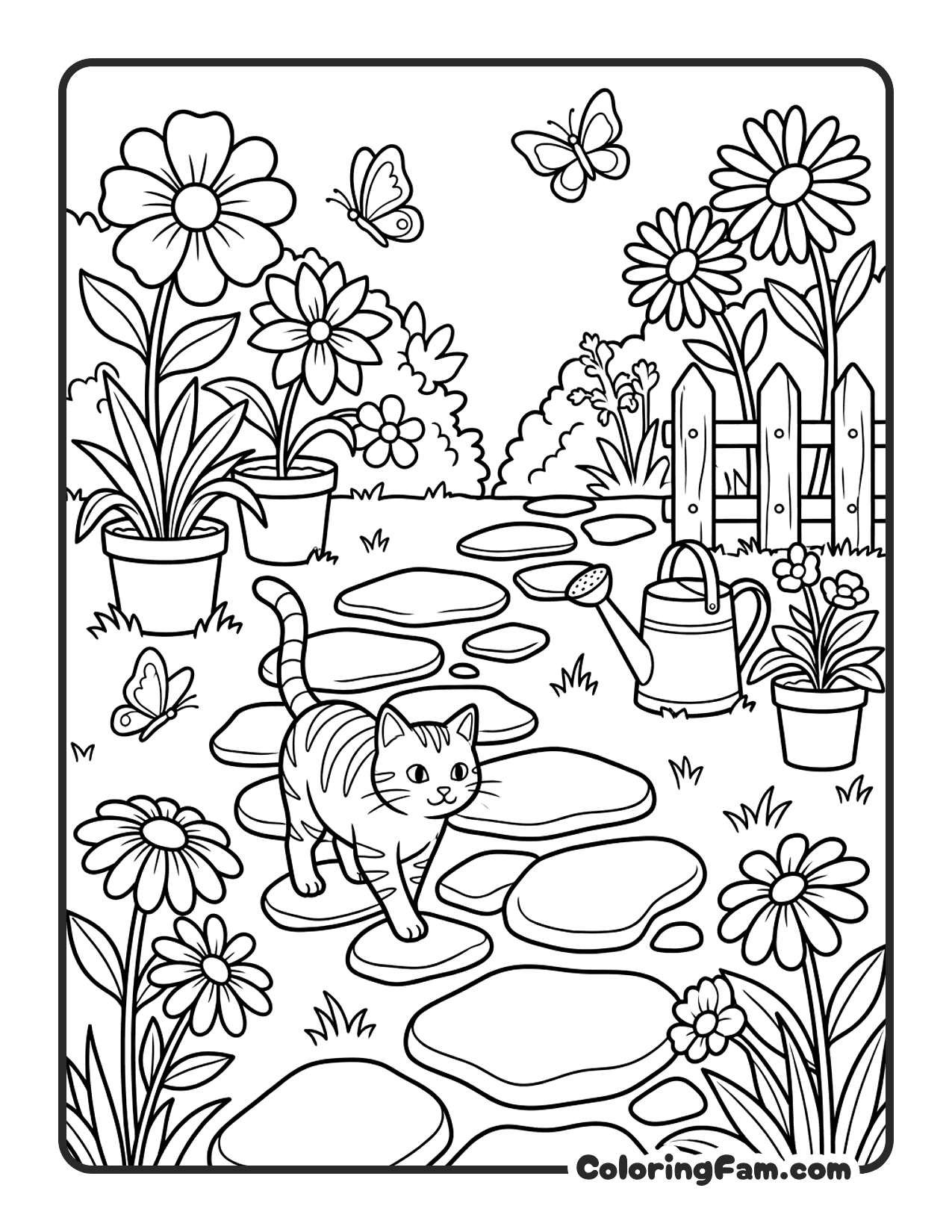 Cat Exploring A Garden With Stepping Stones coloring page