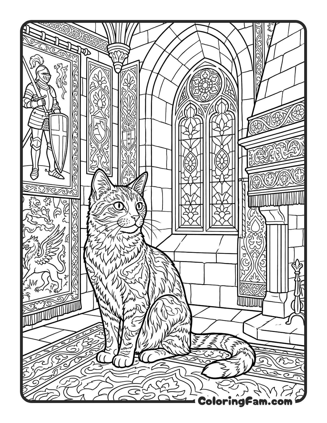 Cat In A Medieval Castle With Tapestries coloring page