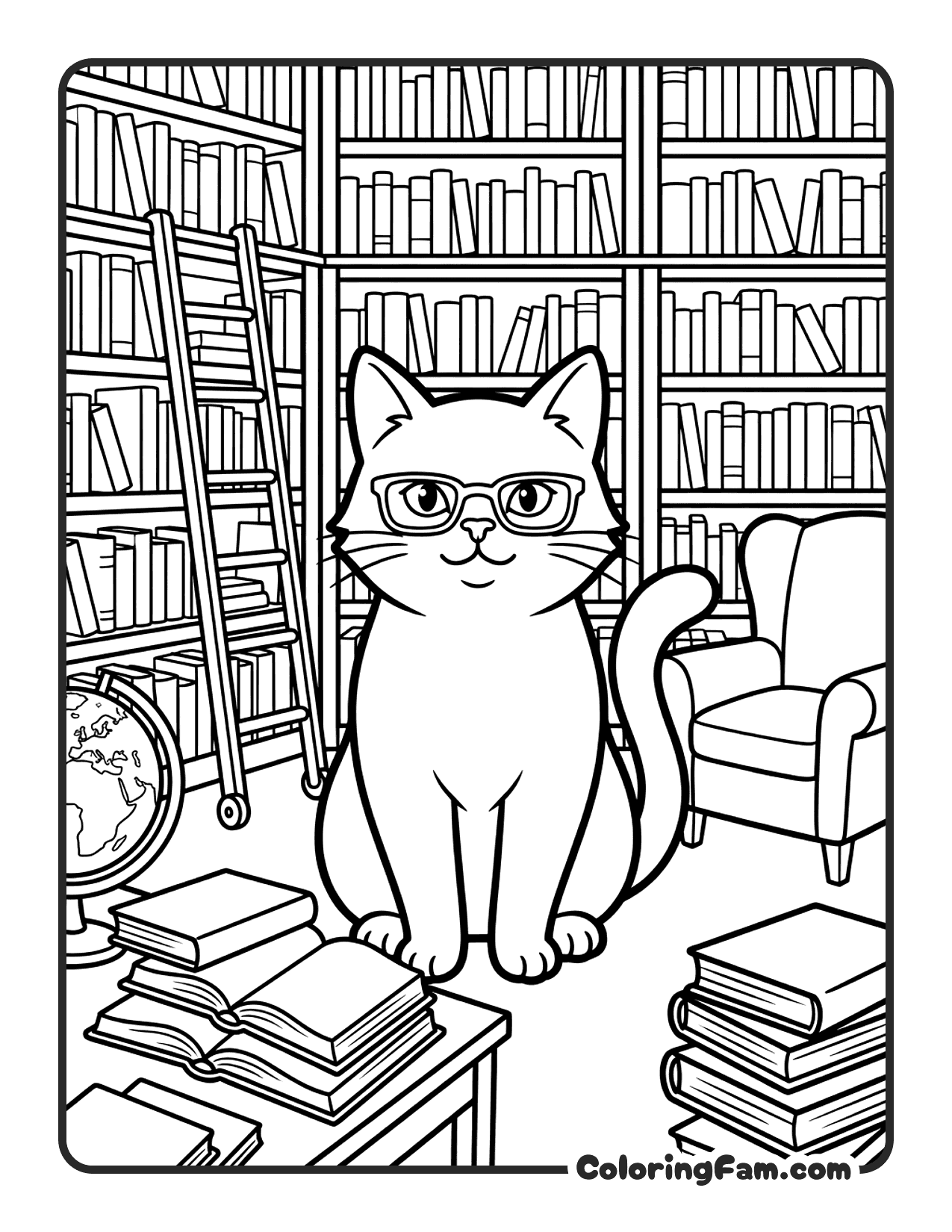 Cat In A Library Surrounded By Books coloring page