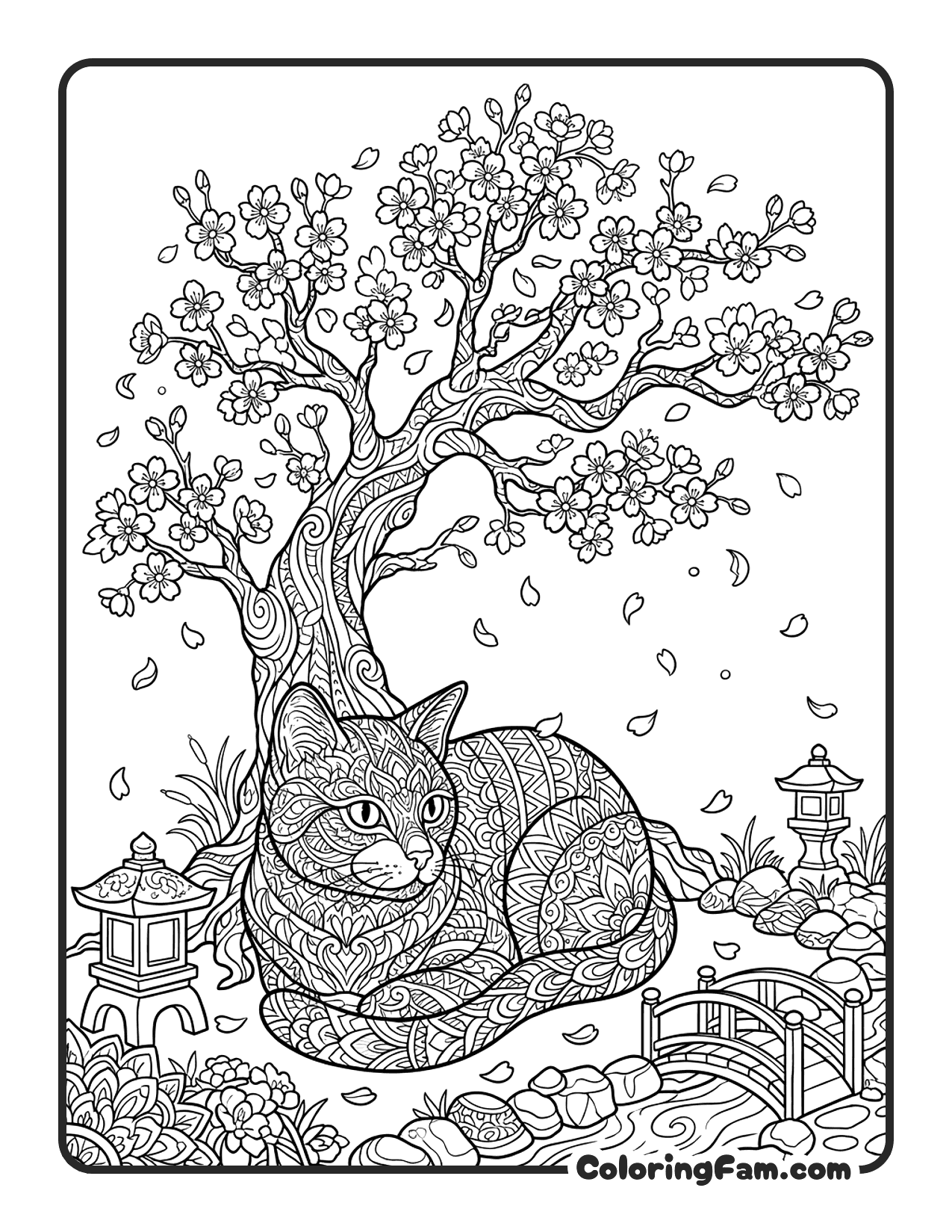 Cat Under A Cherry Blossom Tree With Falling coloring page