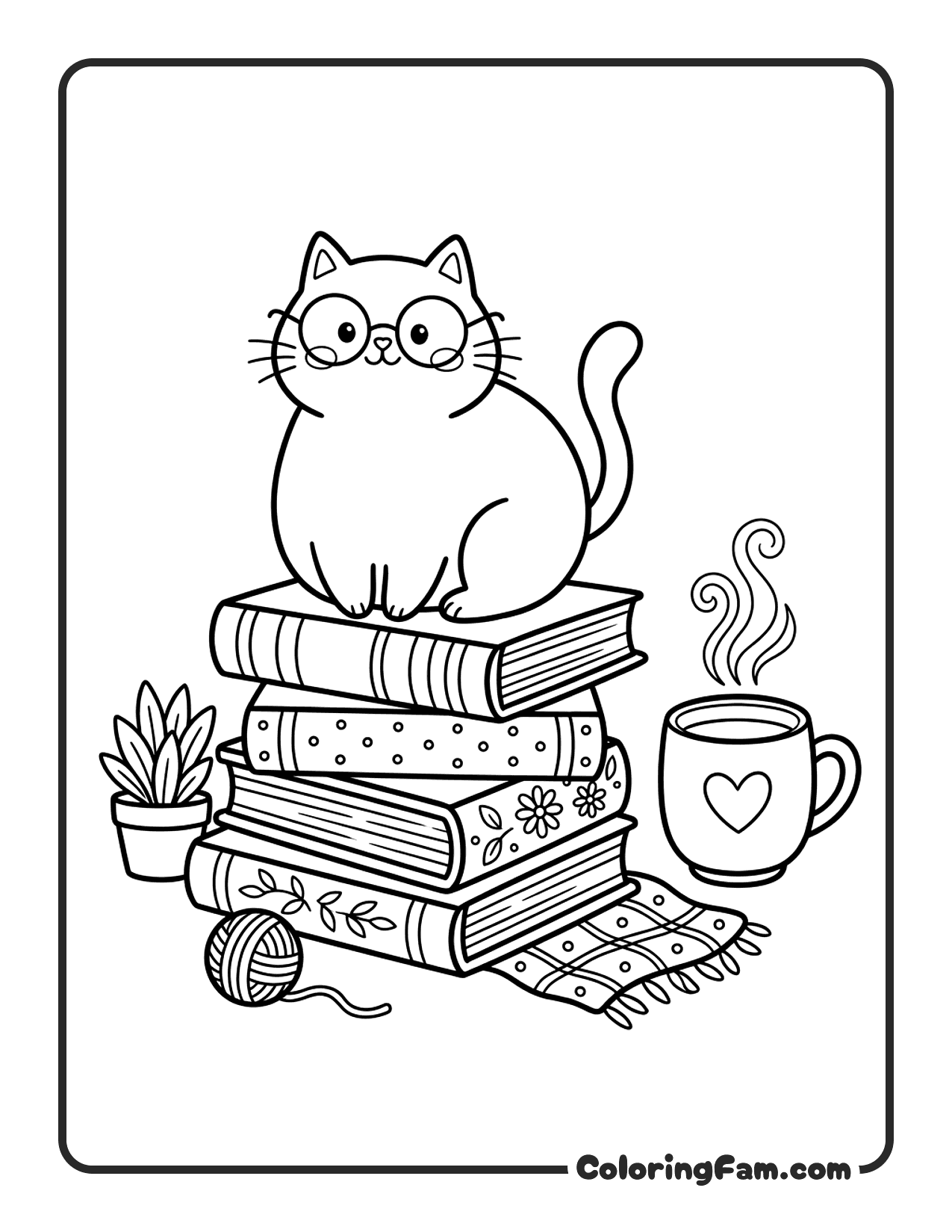 Cat Wearing Tiny Glasses Perched On A Stack coloring page