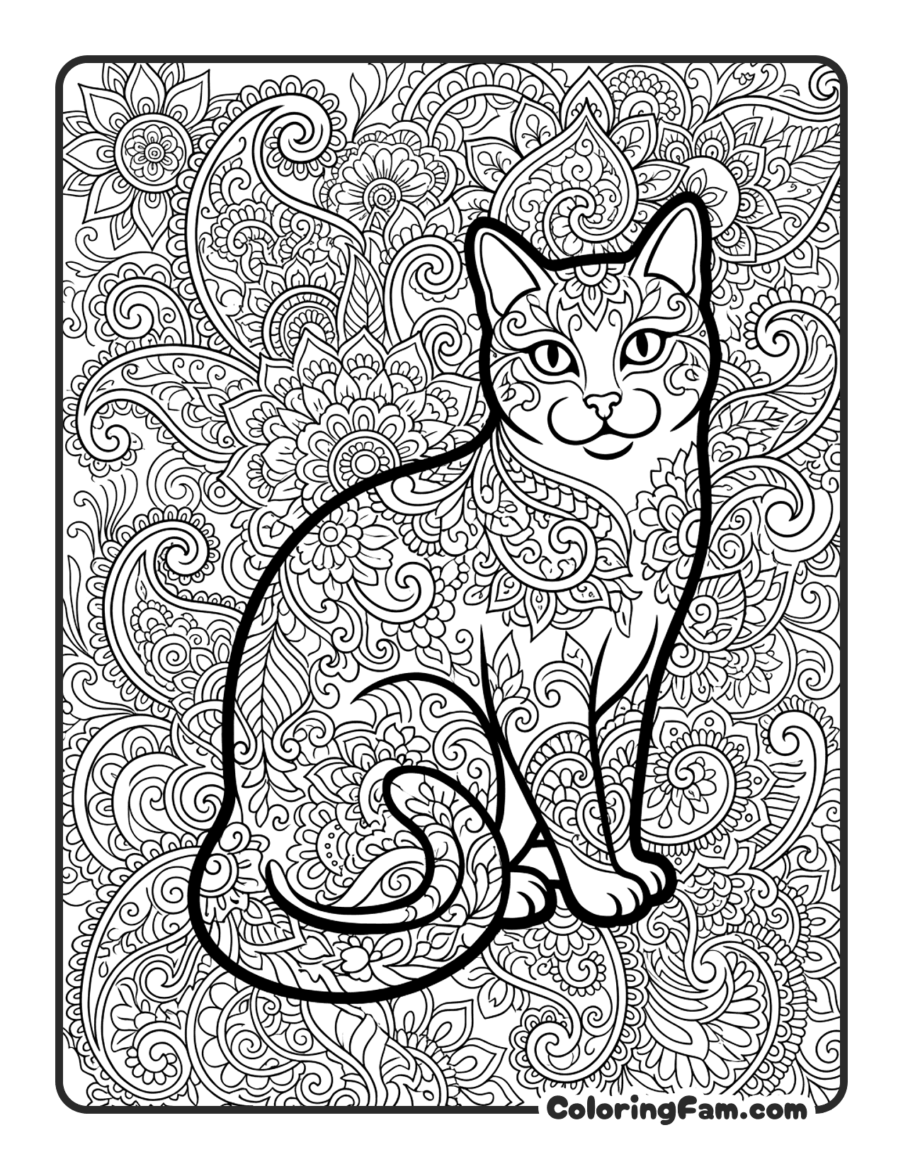 Cat Surrounded By Detailed Paisley And Henna coloring page
