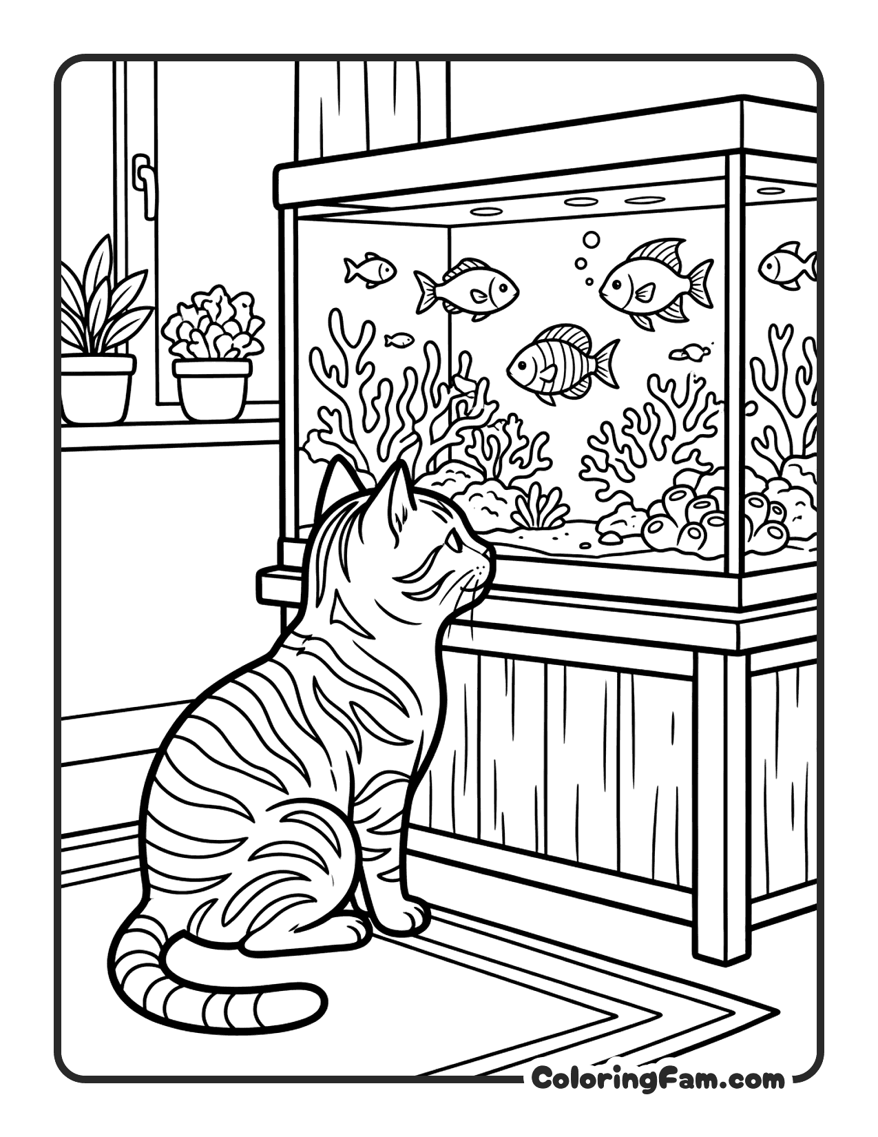 Cat Watching Fish In An Aquarium coloring page