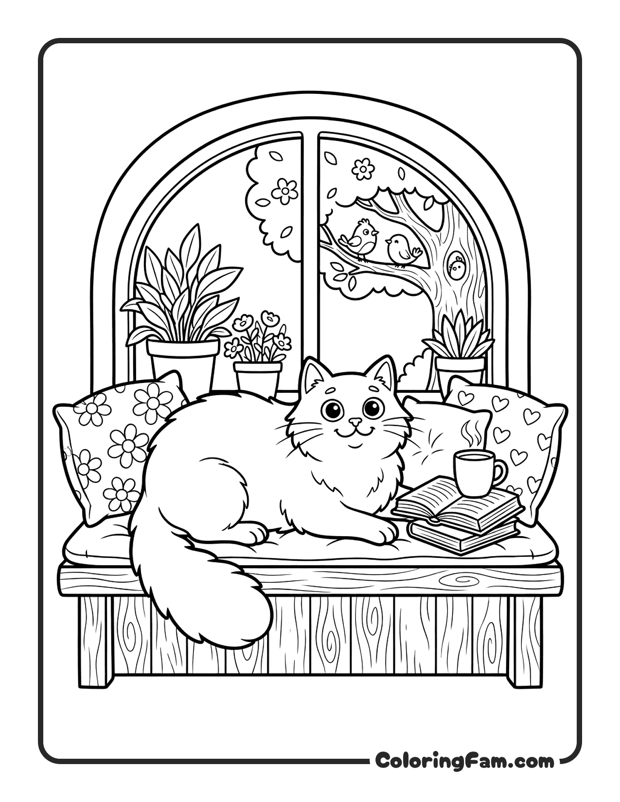 Fluffy Cat Stretched Out On A Windowsill coloring page