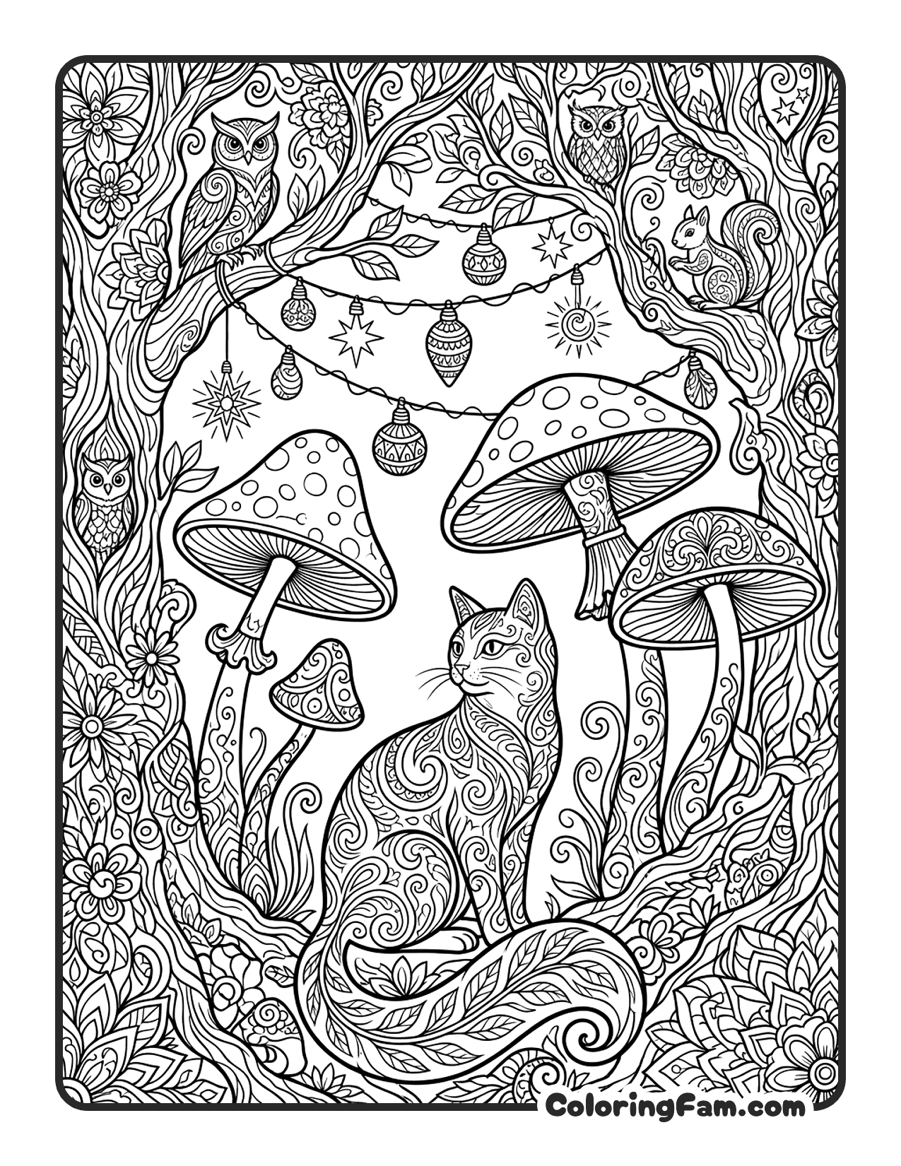 Cat In An Enchanted Forest With Mushrooms coloring page