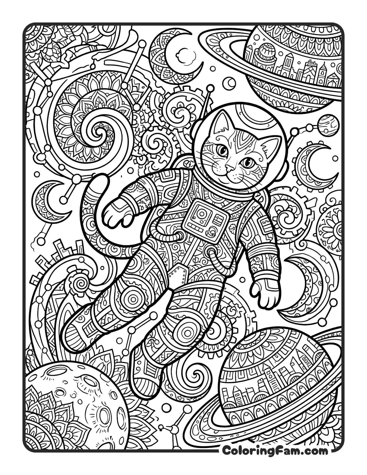 Cat Astronaut Floating In Space With Detailed coloring page