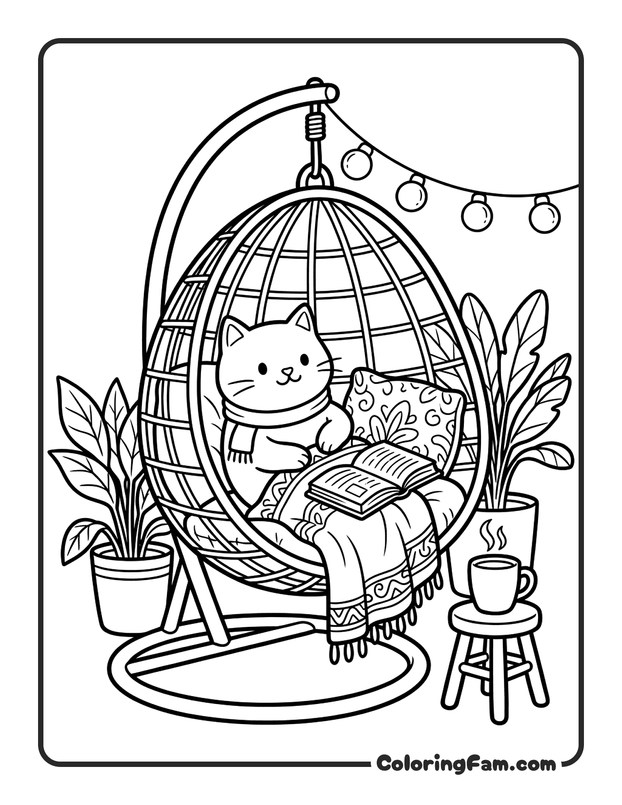 Cat Sitting In A Hanging Egg Chair coloring page