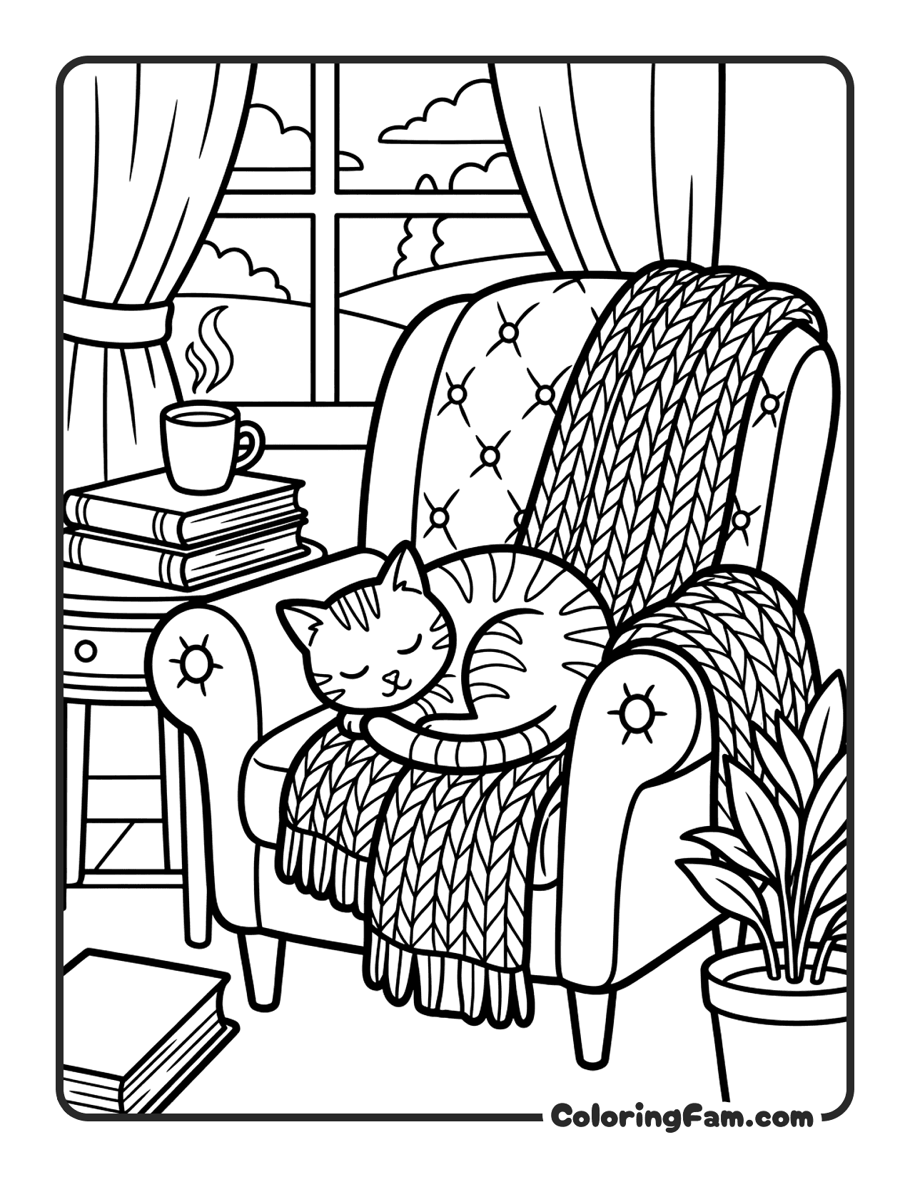 Cat In A Cozy Armchair With A Blanket coloring page