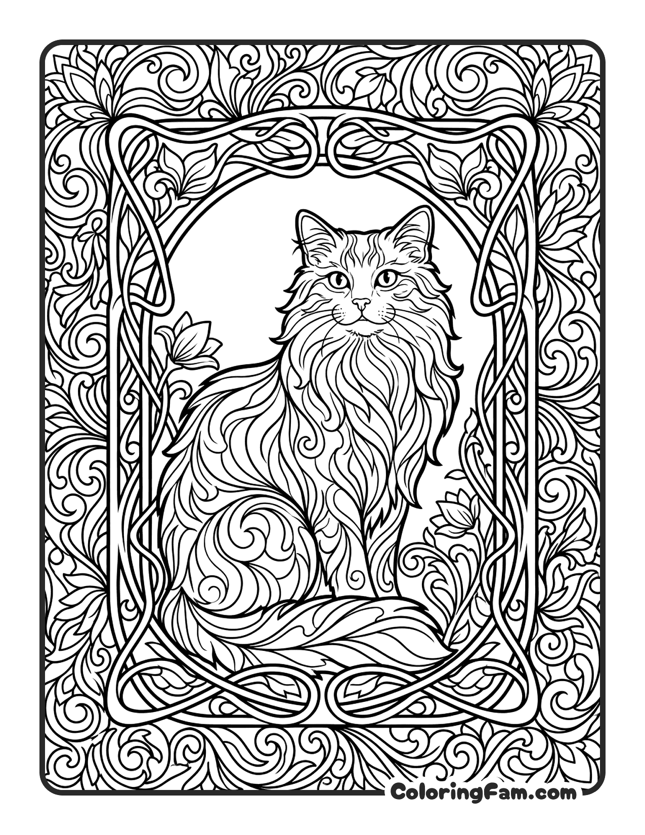 Cat In An Art Nouveau Frame With Flowing coloring page