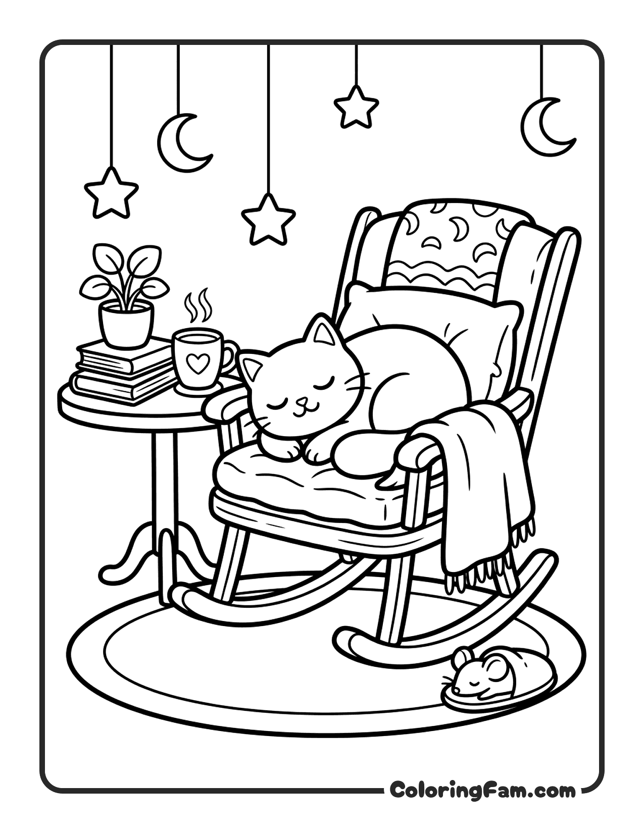 Cat Sleeping On A Rocking Chair Next coloring page