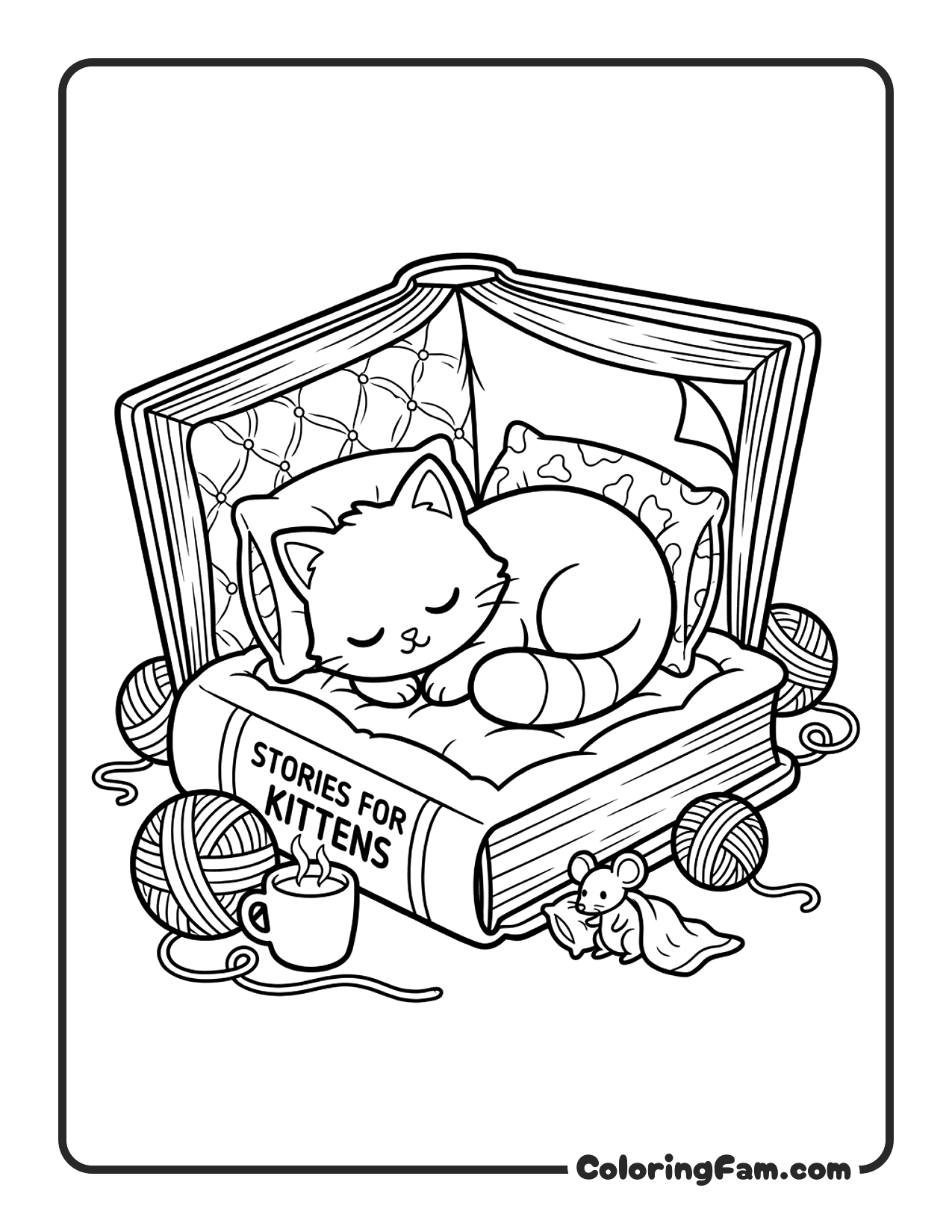 Kitten Curled Up Inside A Cozy Cat Bed Shaped coloring page