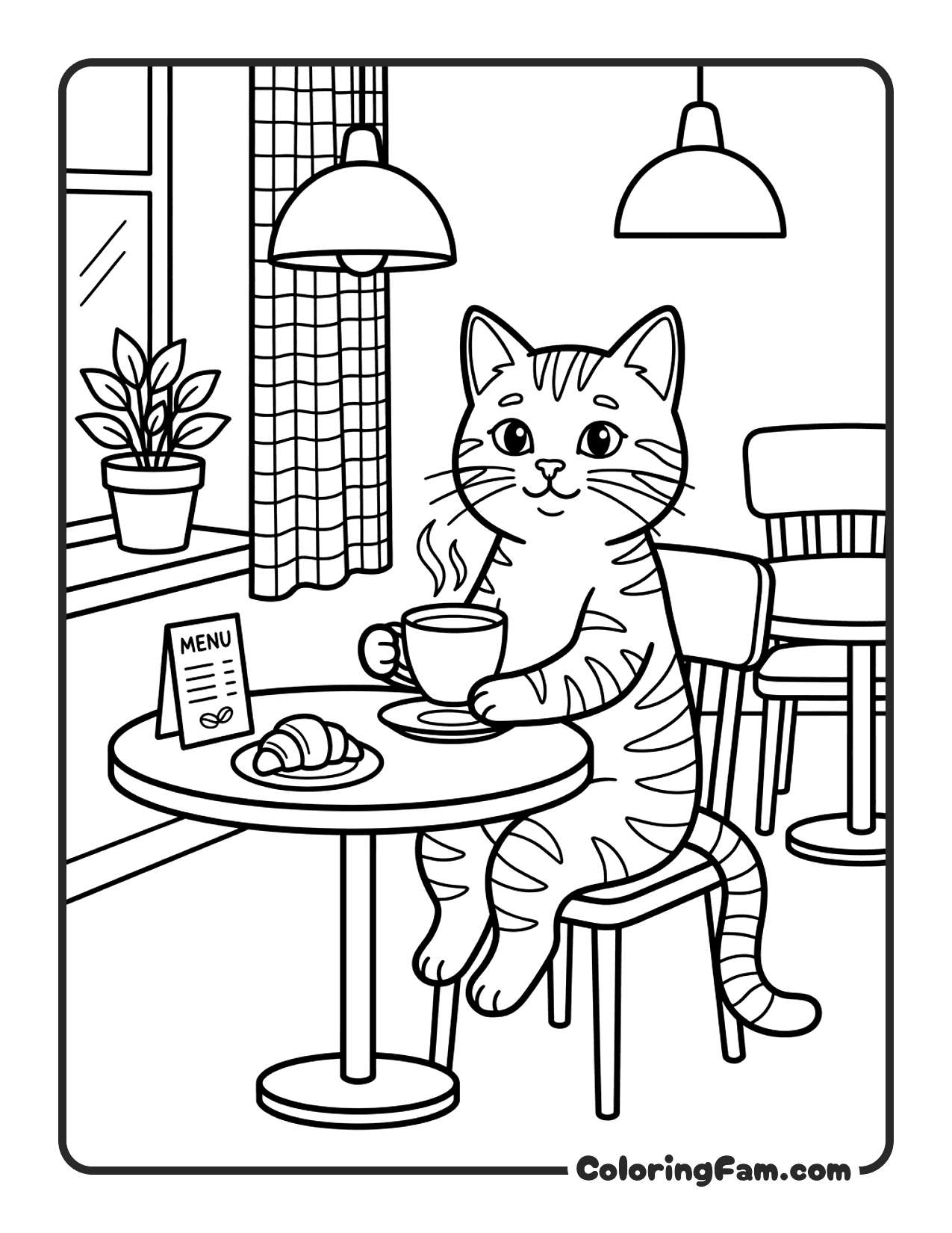 Cat At A Cafe Table With A Teacup coloring page