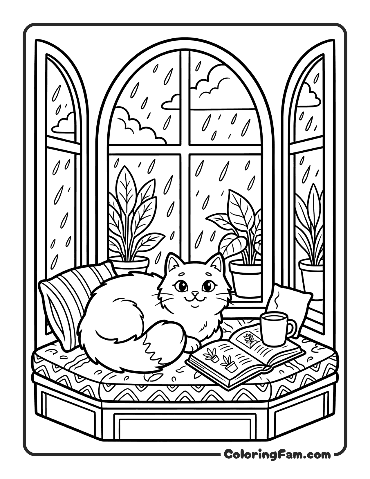 Fluffy Cat Sitting On A Bay Window Cushion coloring page