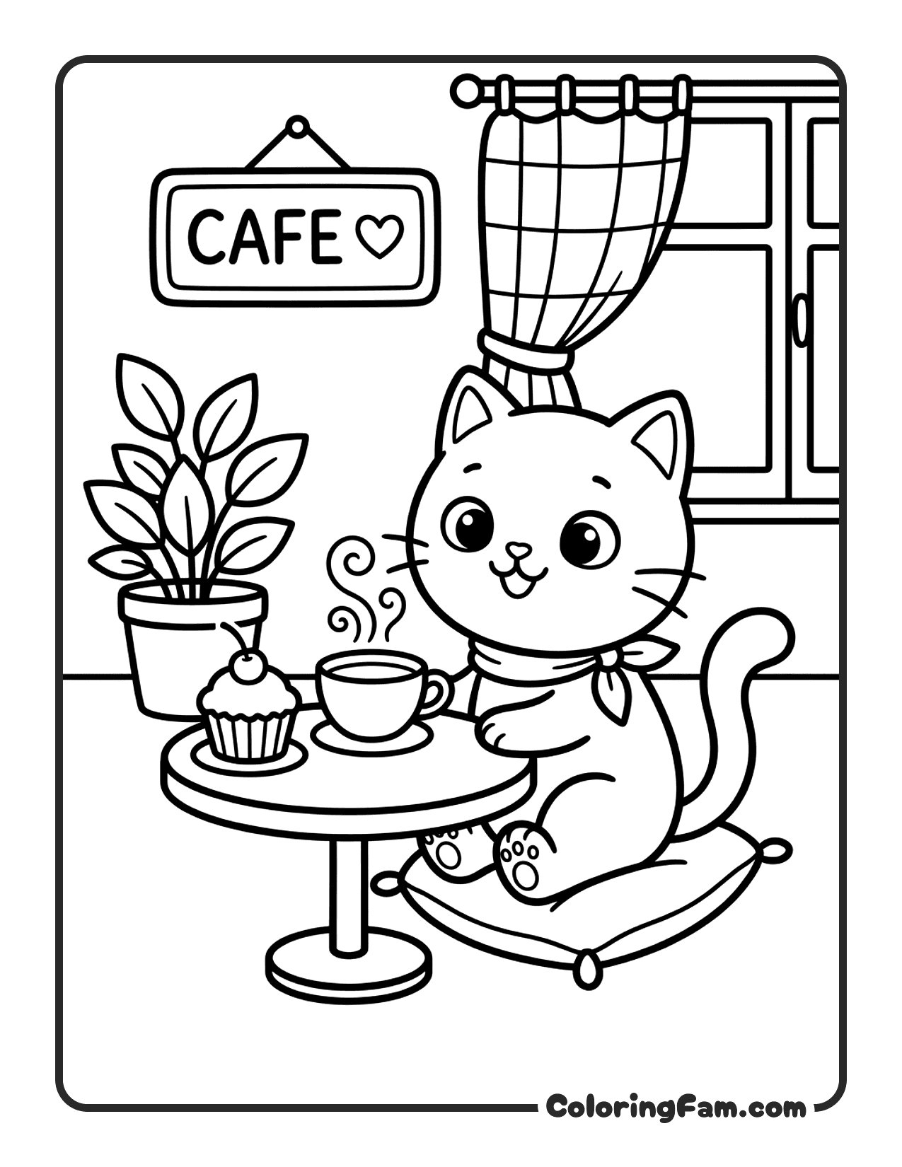 Cute Cat Sitting At A Small Cafe Table coloring page