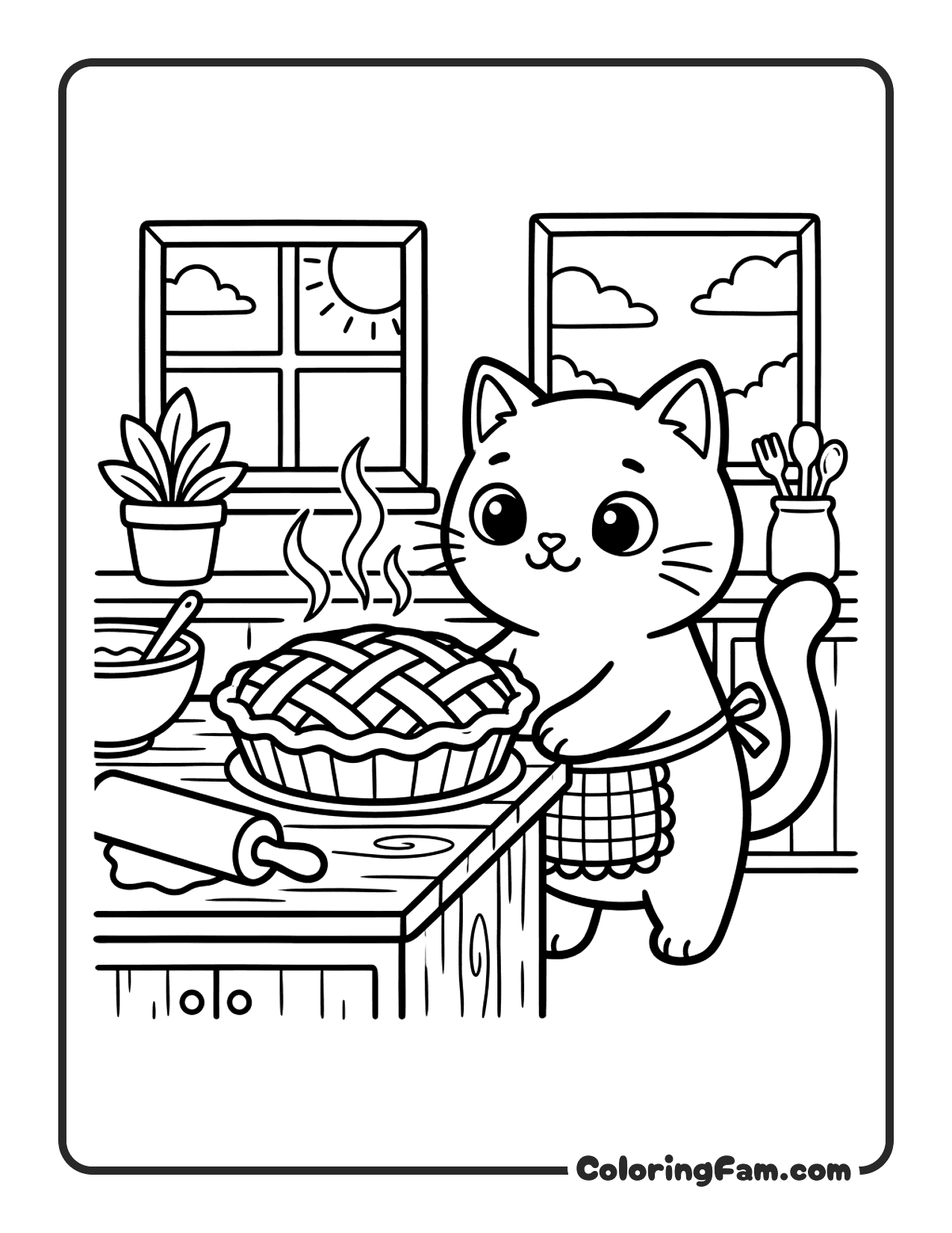 Cat Wearing A Tiny Apron Standing Next coloring page